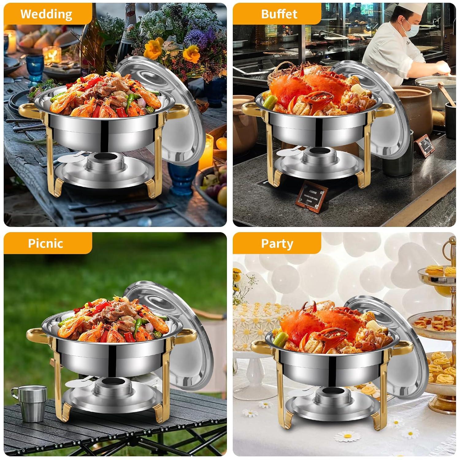 WhizMax Chafing Dish Buffet Set 2 Pack 5QT, Stainless Steel Round Chafing Dishes for Buffet with Lid Holder & Glass Lid, Gold