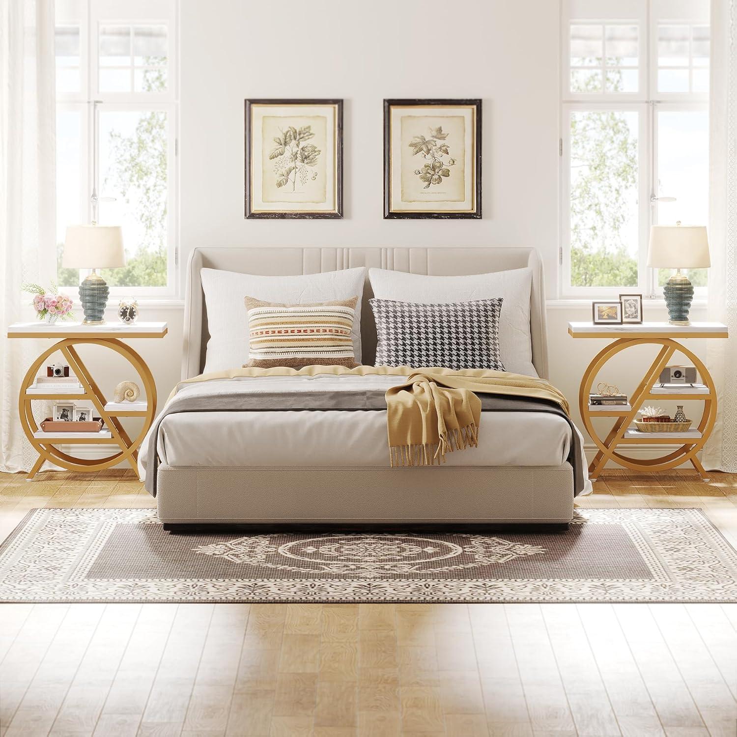 Gold and White Faux Marble 3-Tier End Table with Geometric Metal Frame