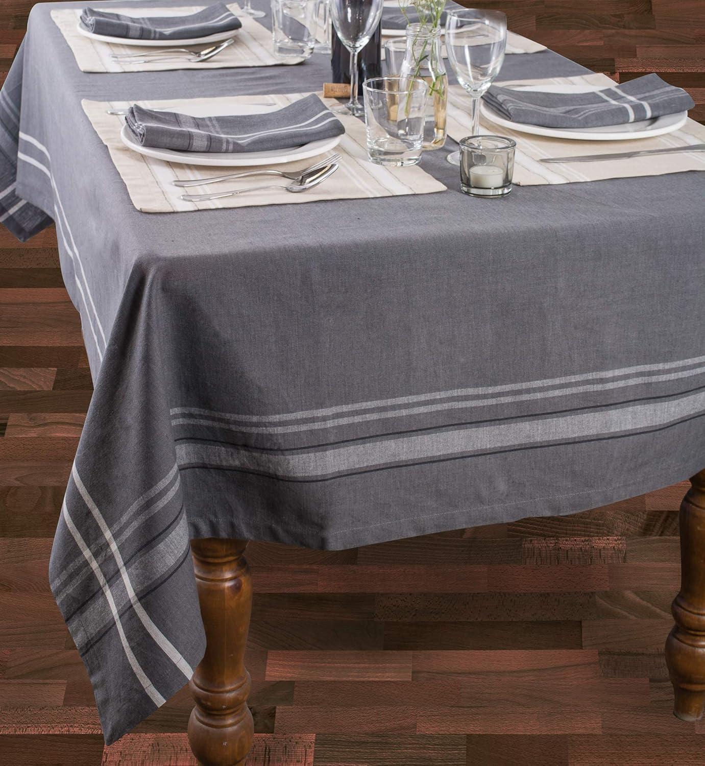 Farmhouse Stripe 104"x60" Lightweight Fabric Tablecloth in Gray Chambray