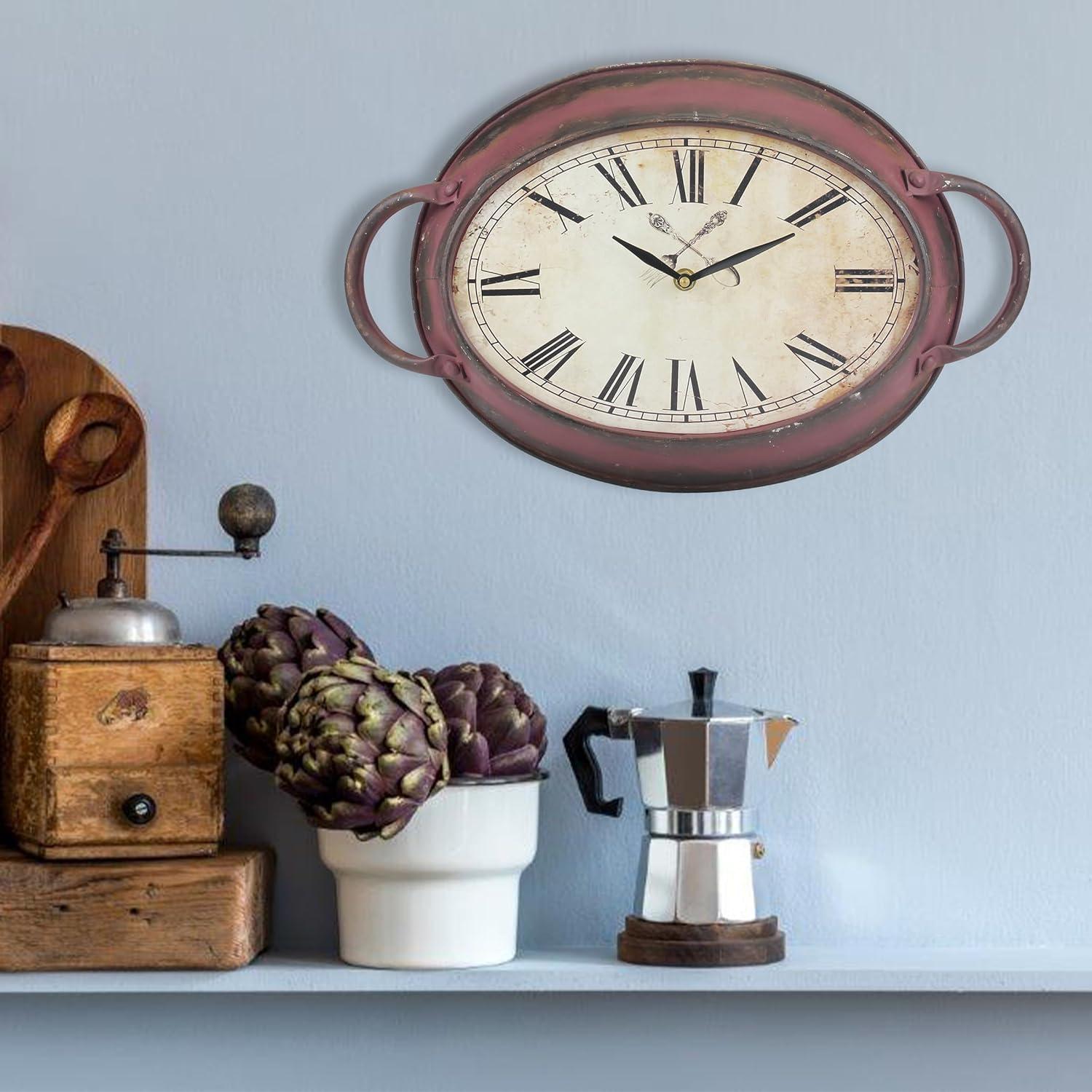 16.5" Red Rustic Metal Oval Wall Clock with Roman Numerals