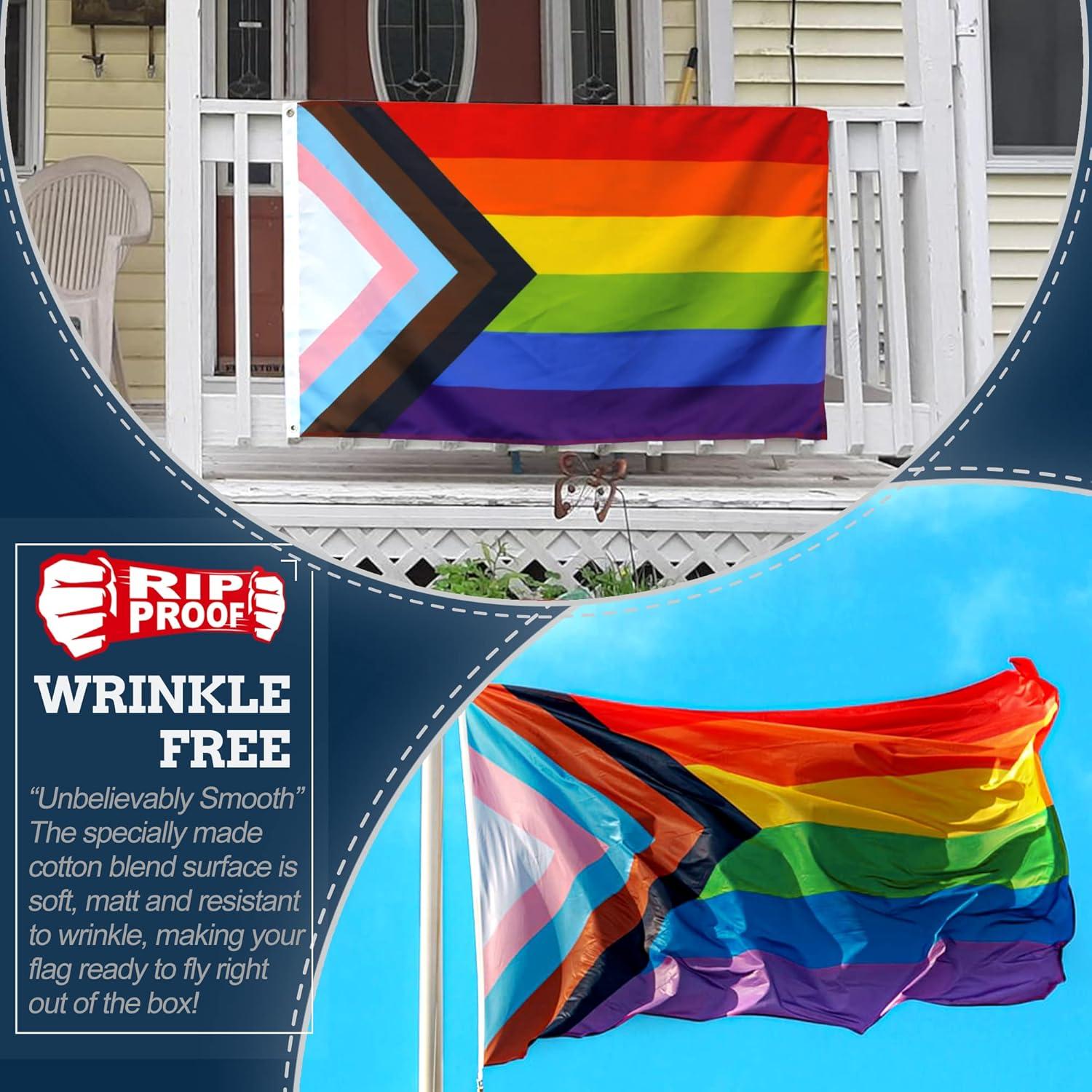 Anley Rip-Proof Technology Double Sided 3-Ply Progress Pride Flag 3x5 Foot - Rainbow Lesbian LGBT Flags