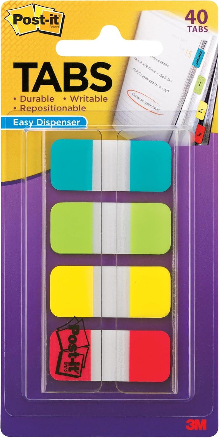 Post-it Tabs, .625", Aqua, Lime, Yellow, Red, 10/Color, 40/Dispenser