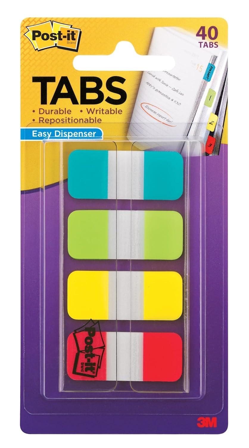 Post-it Tabs, .625", Aqua, Lime, Yellow, Red, 10/Color, 40/Dispenser