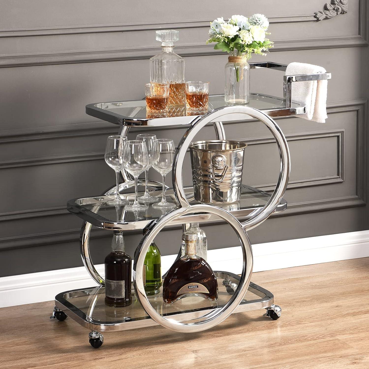 Silver Chrome 3-Tier Glass Bar Cart with Storage