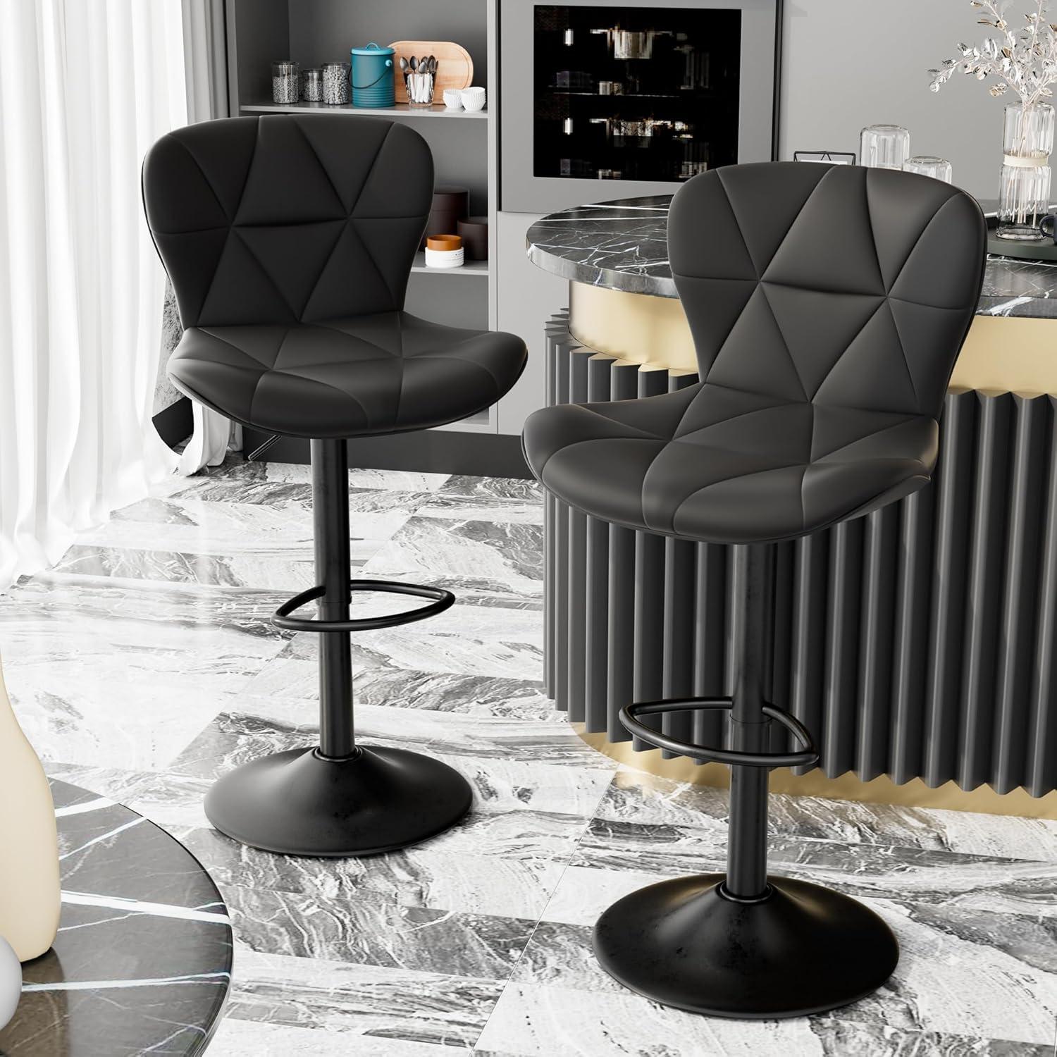 Modern Bar Stools Set of 2, Adjustable Faux Leather Upholstered Swivel Counter Stools, Light Grey