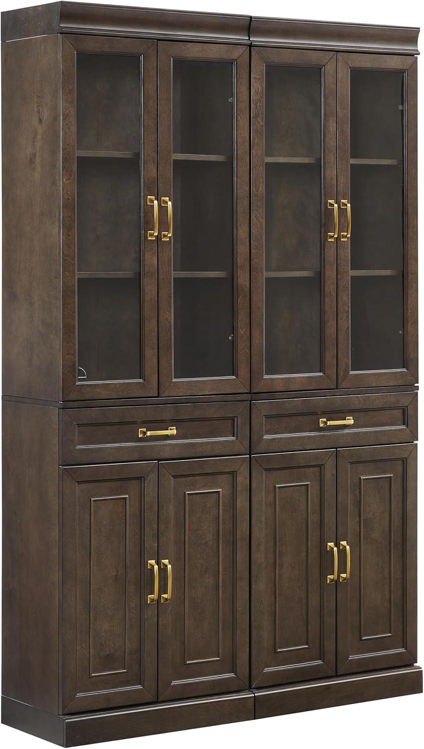 Crosley 78" Stanton 2pc Glass Door Kitchen Storage Pantry Cabinet Set Coffee: Traditional Style, MDF Wood Veneer, 10 Shelves