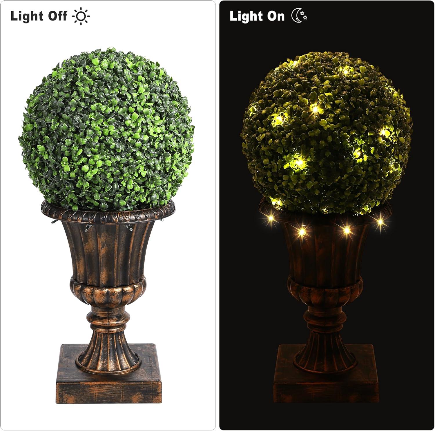 Yuan Home 2Pcs 12” Artificial Plant Topiary Ball With Pot, Faux Boxwood Balls With LED