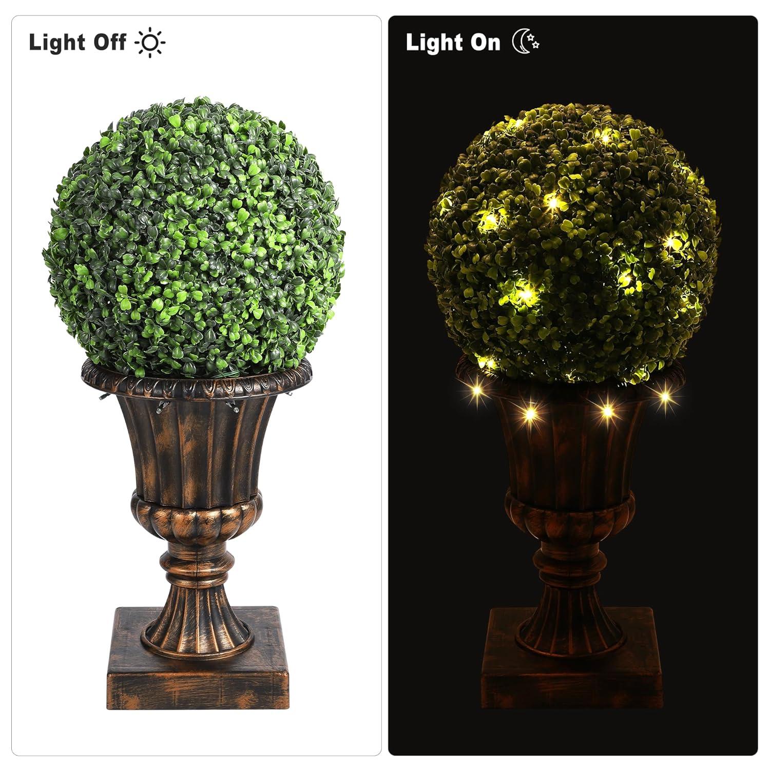 Yuan Home 2Pcs 12” Artificial Plant Topiary Ball With Pot, Faux Boxwood Balls With LED