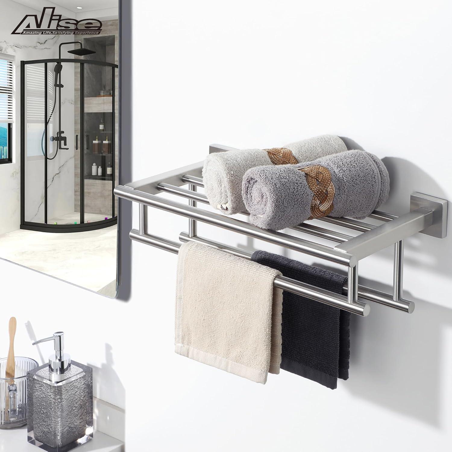 2-Tier 20" Wall Mounted Stainless Steel Bathroom Towel Rack With 2 Towel Bars Round Rods