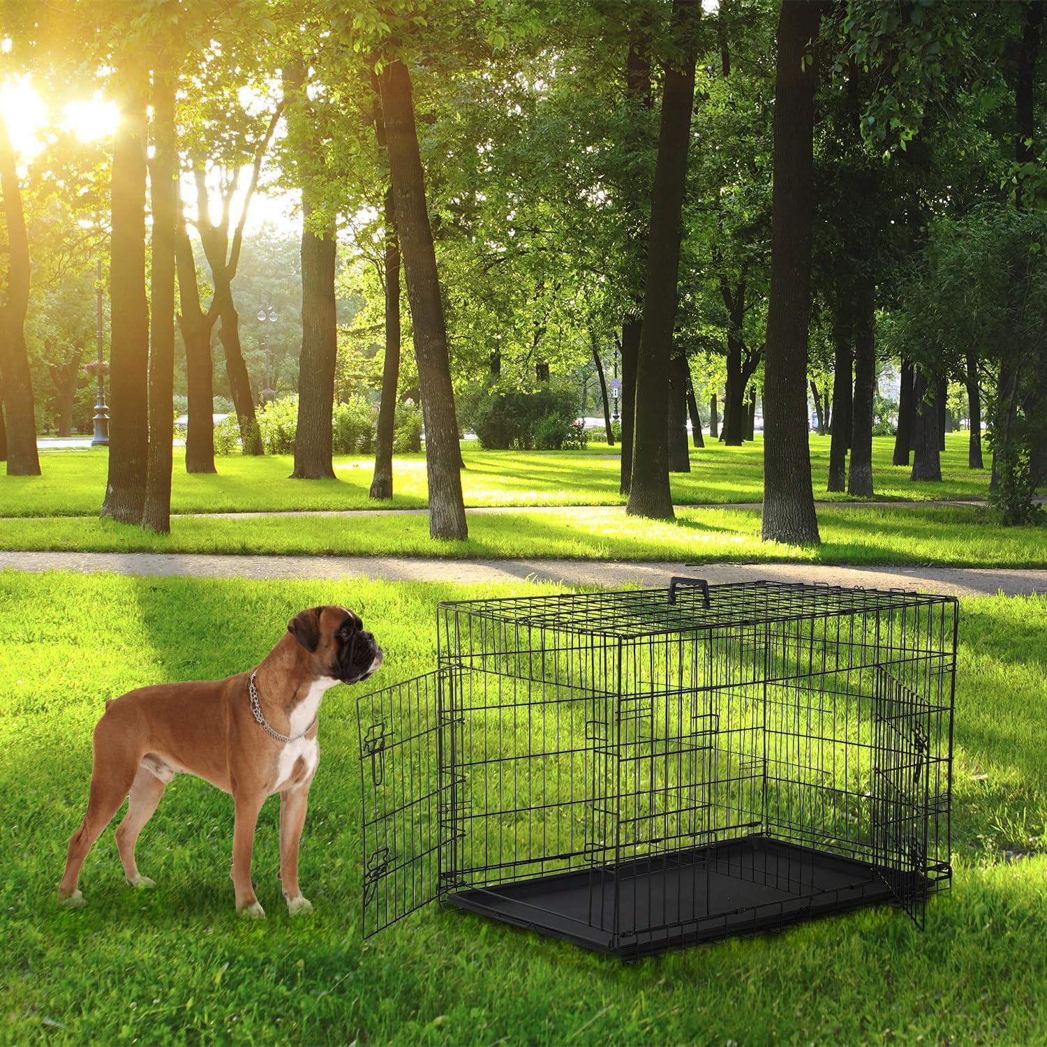 CL.HPAHKL Durable Large Dog Crate, Folding Metal Dog Kennel Double Door Dog Cage with Plastic Tray, Wire Crate for Large Dog Indoor Outdoor Travel (Black, 42 inch)