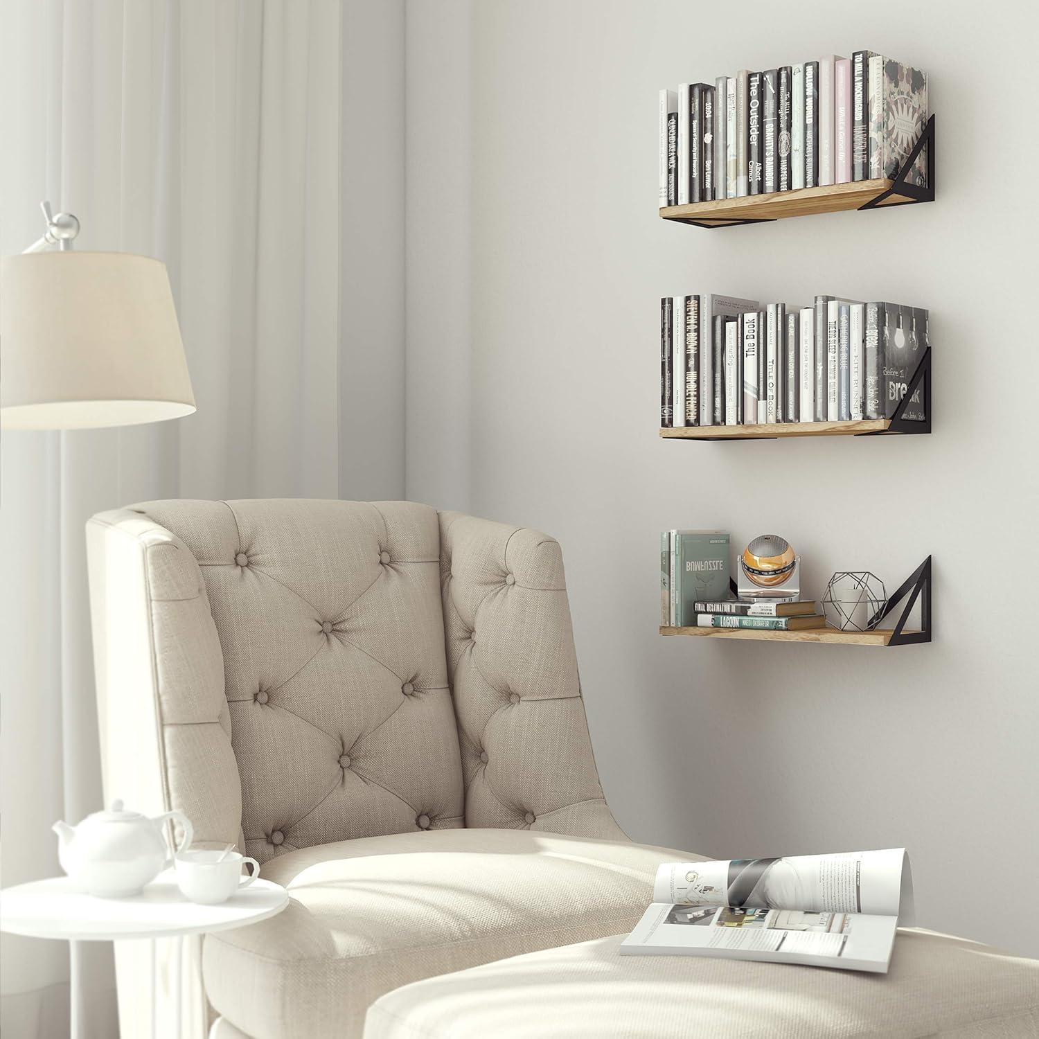 Natural Burned Rustic Wood Floating Shelves with Metal Brackets