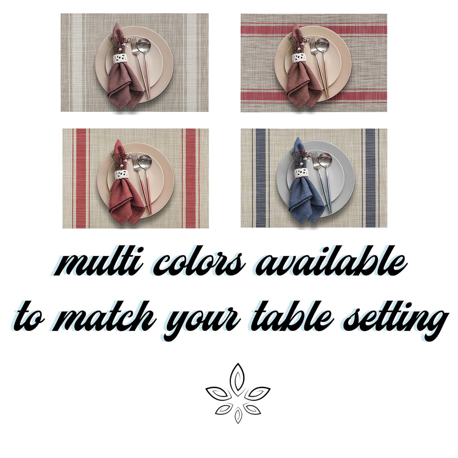 More Décor Dining Table Placemats, Washable Heat-Resistant PVC Vinyl Table Mats for Dining Room and Kitchen, Anti-Slip - Set of 6 - Horizontal Striped Red - Grey