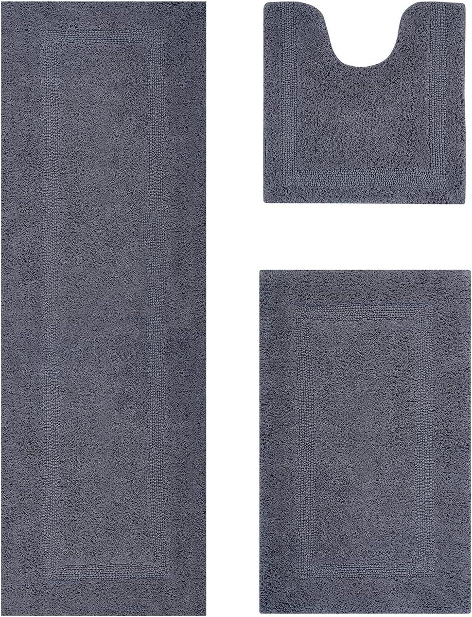 Better Trends Lux 100% Cotton Tufted Solid Reversible Bath Rug Set 3 PC (20" x 20" | 21" x 34" | 20" x 60") - Gray