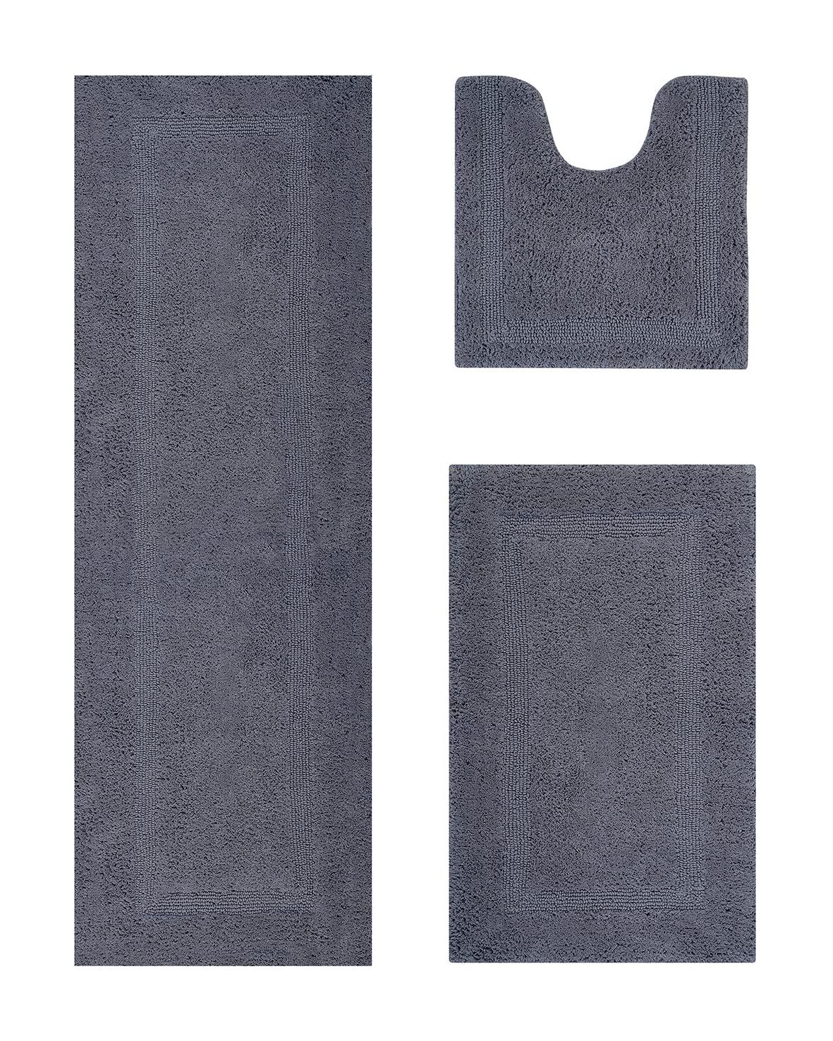 Better Trends Lux 100% Cotton Tufted Solid Reversible Bath Rug Set 3 PC (20" x 20" | 21" x 34" | 20" x 60") - Gray