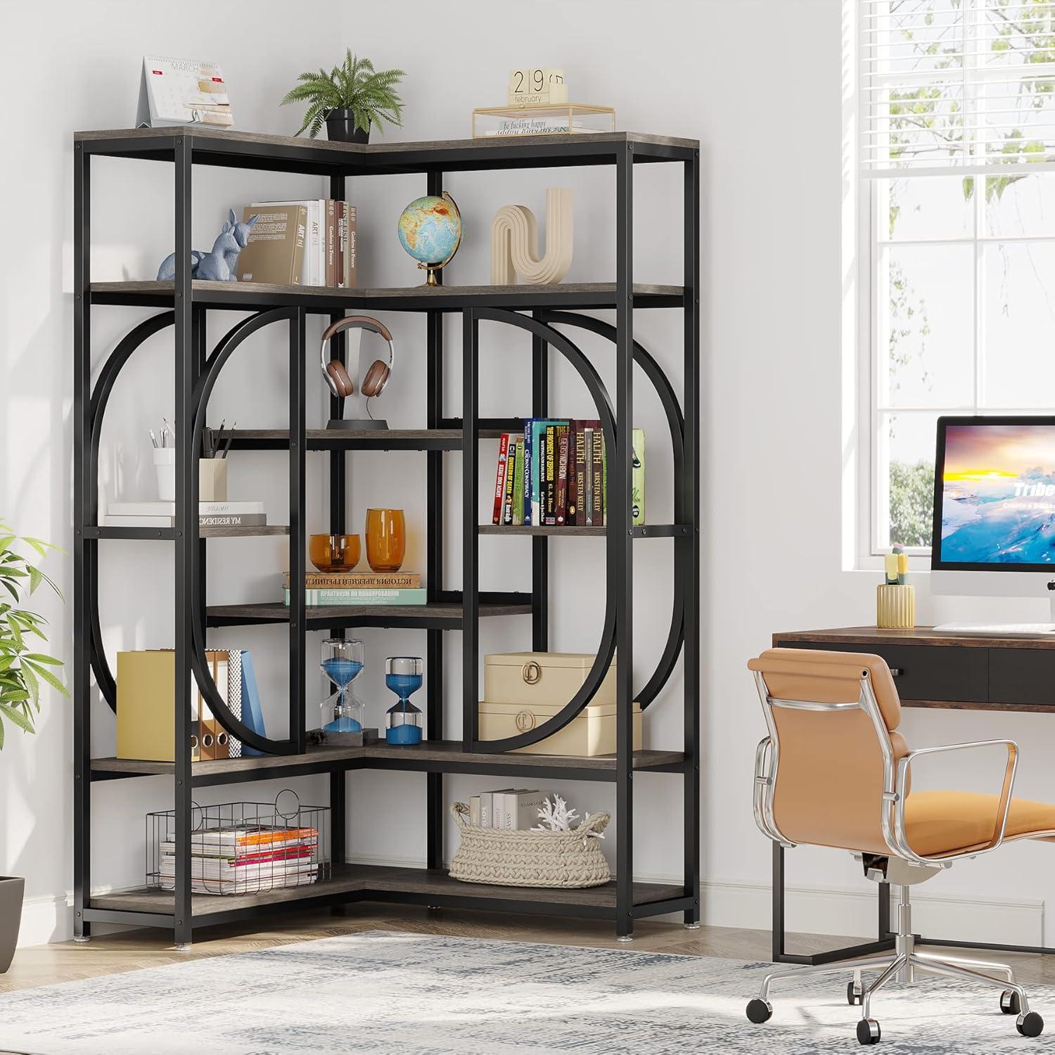 Tall Grey and Black L-Shaped 7-Shelf Corner Bookcase