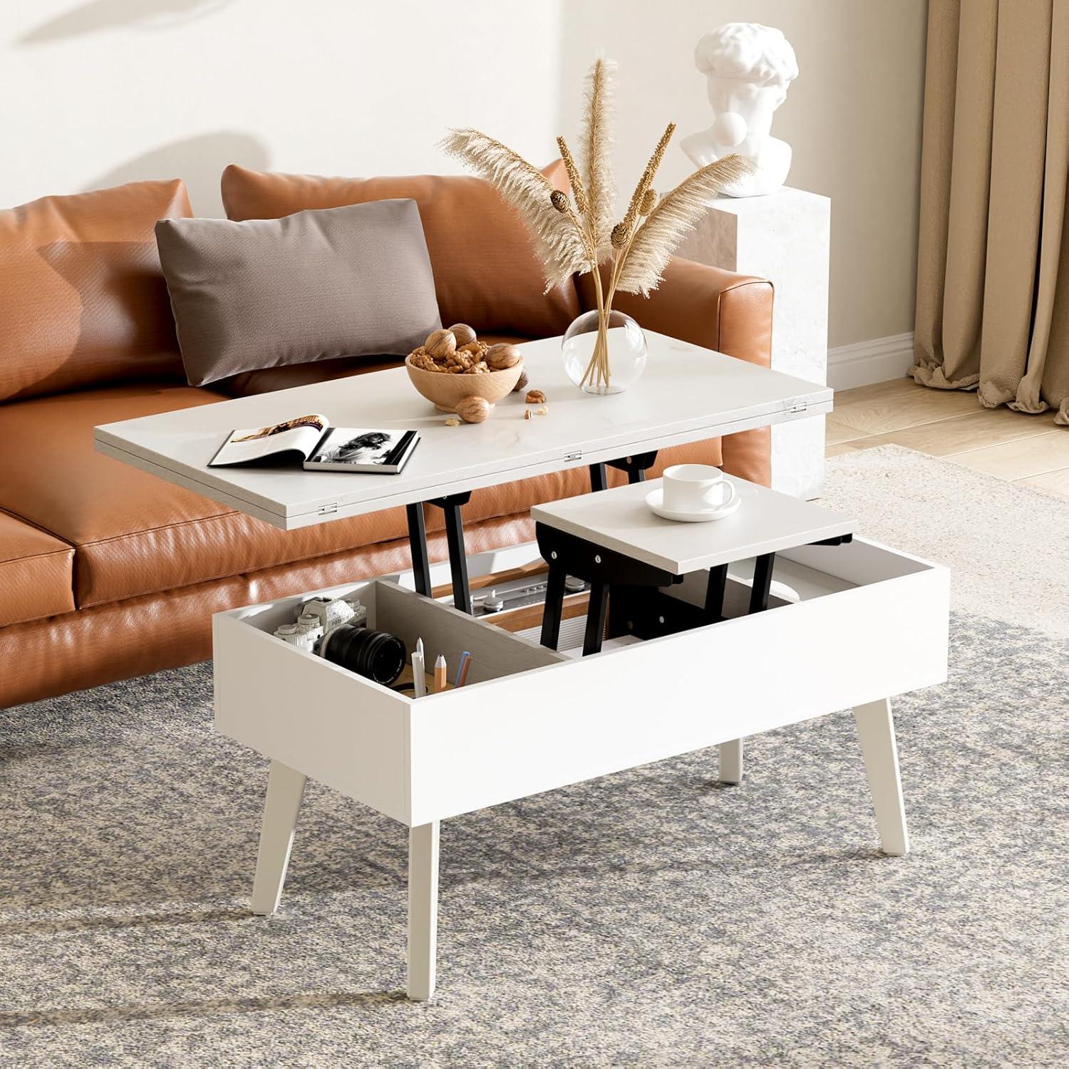 Lift Top Coffee Table, Ten Minute Install Table Center with Hidden Storage Compartments, Rising Tabletop Dining for Living Room，Walnut