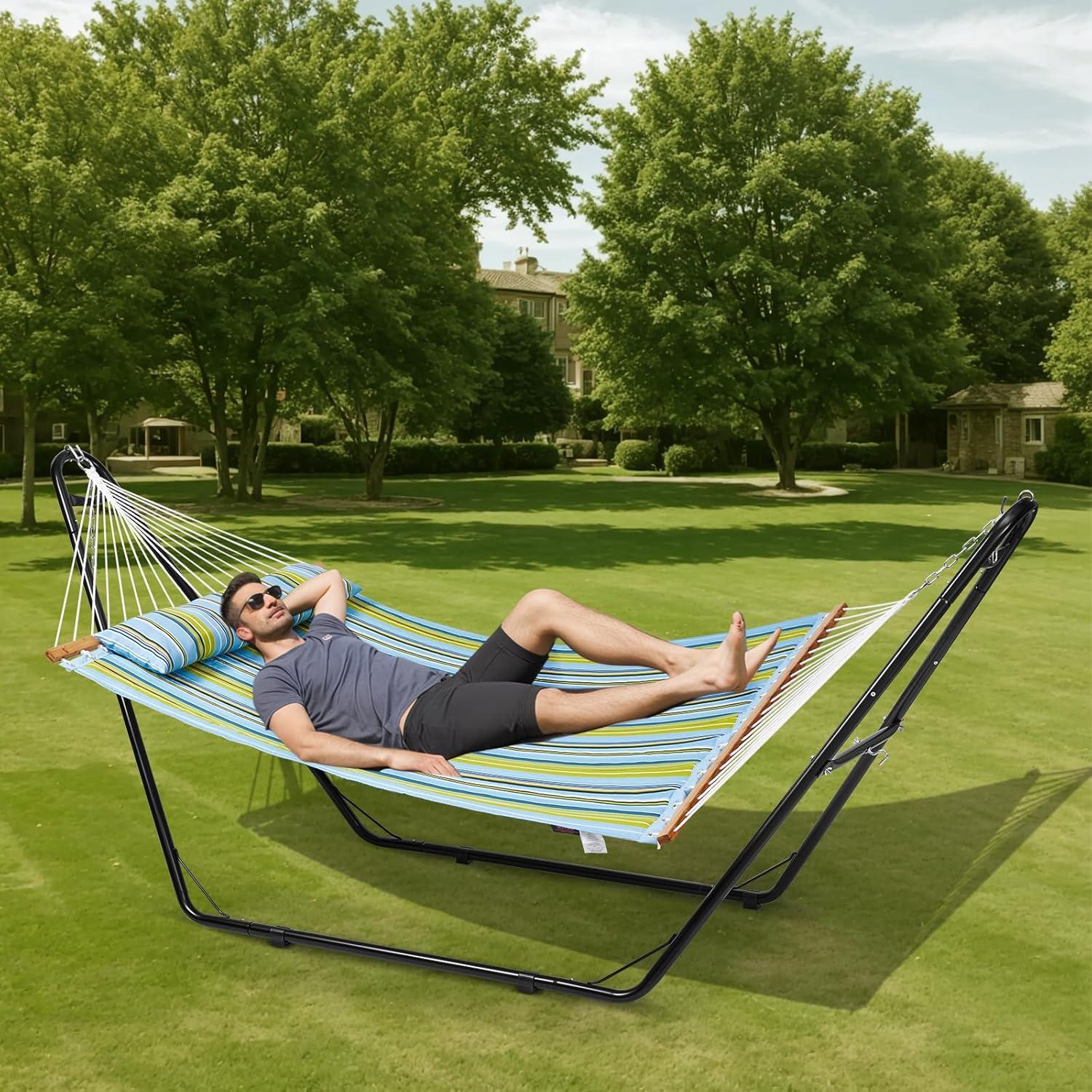 Double Quilted Blue and Green Fabric Hammock with Steel Stand