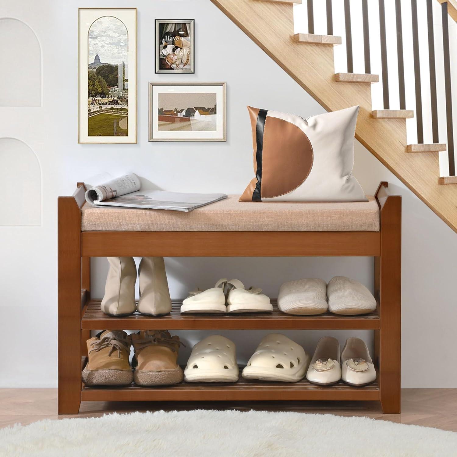 Bamboo Shoe Rack Bench with Beige Cushion and Storage