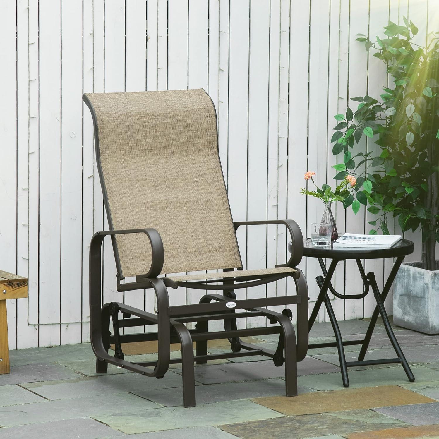 Tan Metal Outdoor Glider Chair with Mesh Fabric