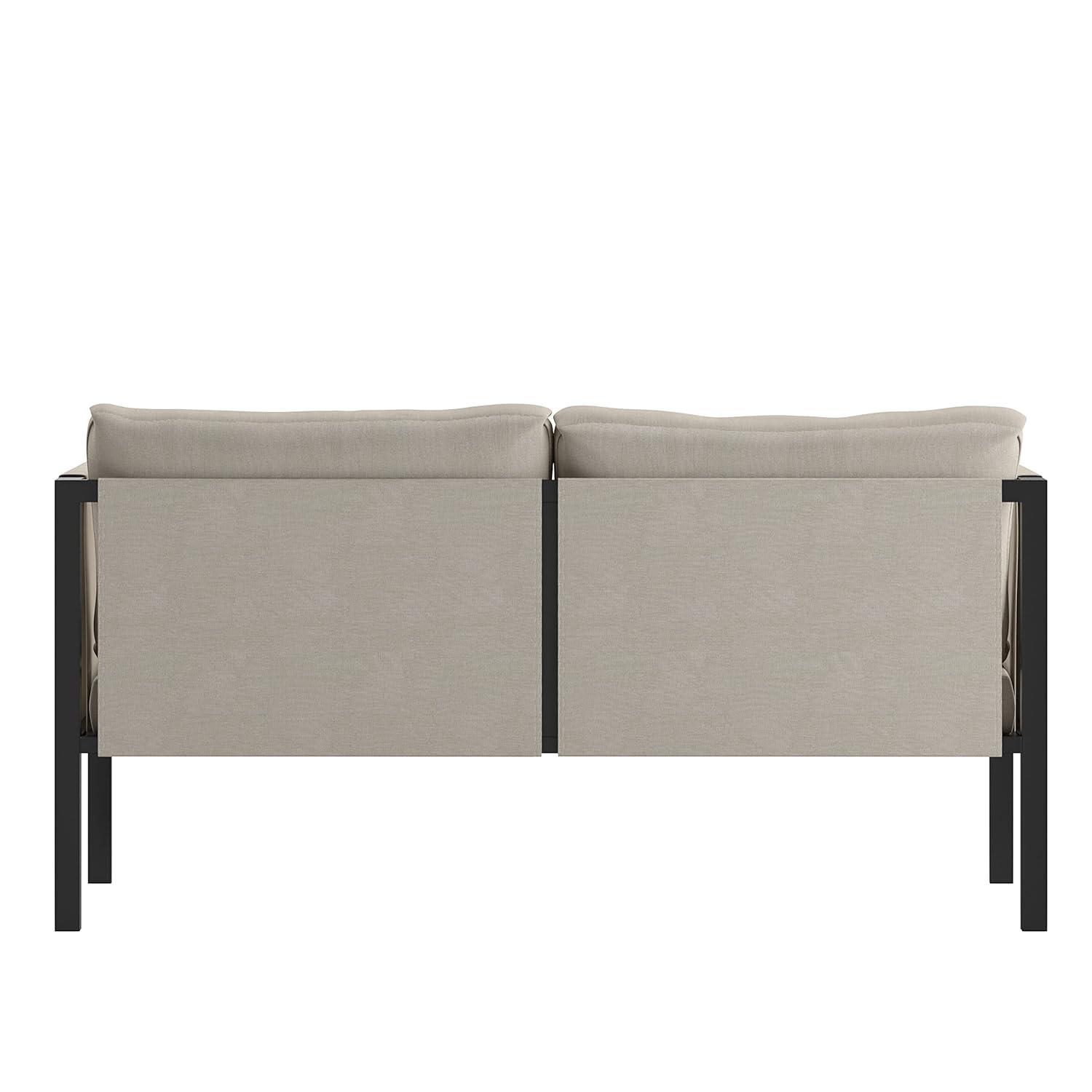 Flash Furniture Lea Indoor/Outdoor Loveseat with Cushions - Modern Steel Framed Chair with Storage Pockets, Black with Beige Cushions