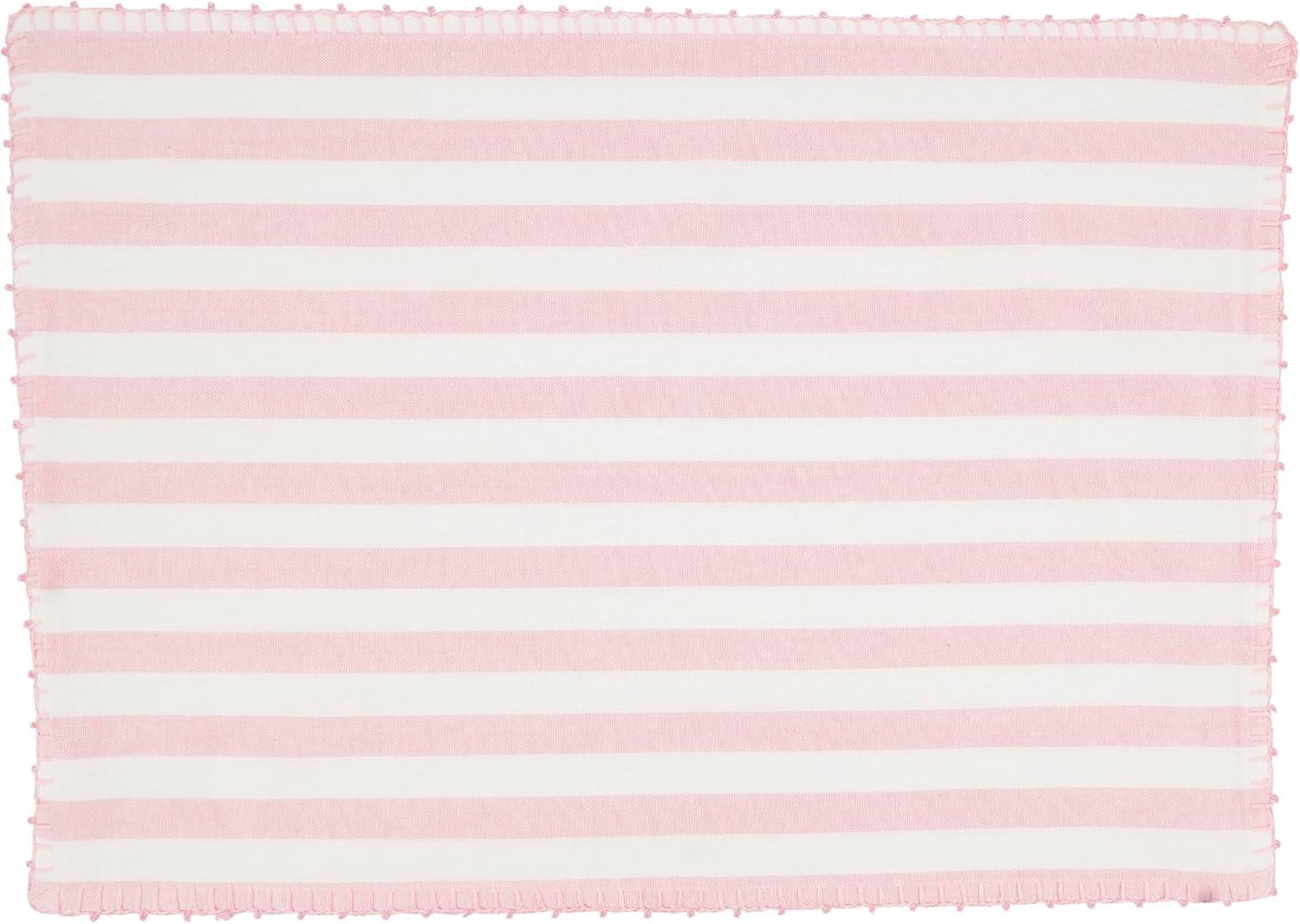 Pink and White Striped Cotton Rectangle Placemats with Pom Poms, Set of 4