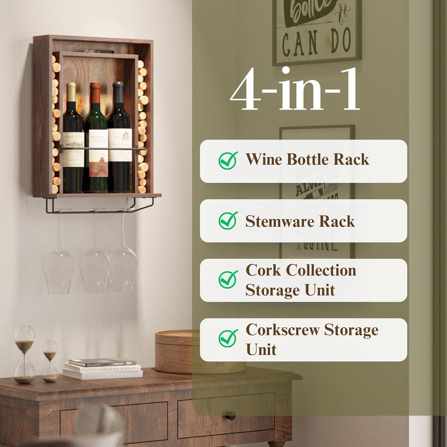 Rustic State 3 Bottle Solid Wood Wall Mounted Wine Bottle & Glass Rack in Dark Brown | Wayfair