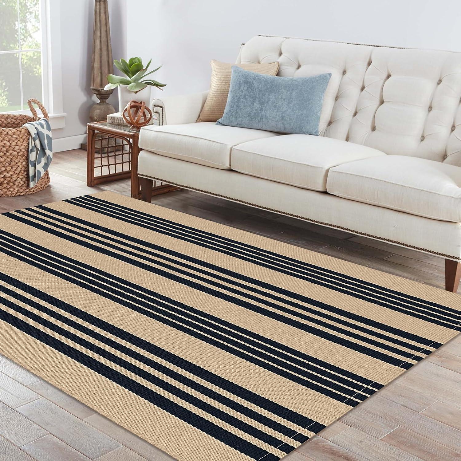 IOHOUZE Navy and White Striped Rug 2'x3' Front Door Rugs, Small Washable Area Rug for Front Porch, Spring Summer Doormats Outdoor Indoor, Cotton Rugs for Entryway Porch Entrance