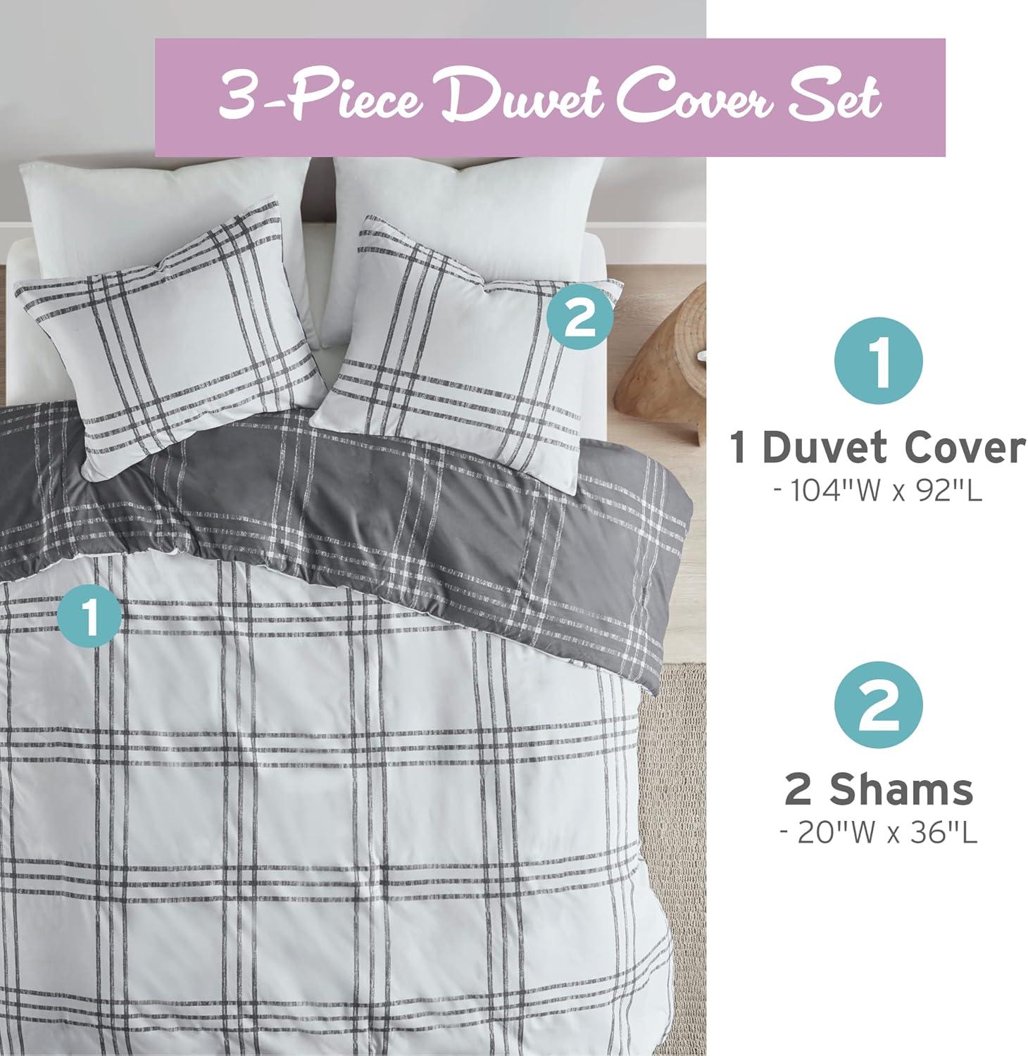 King Gray Microfiber Reversible Plaid Duvet Cover Set