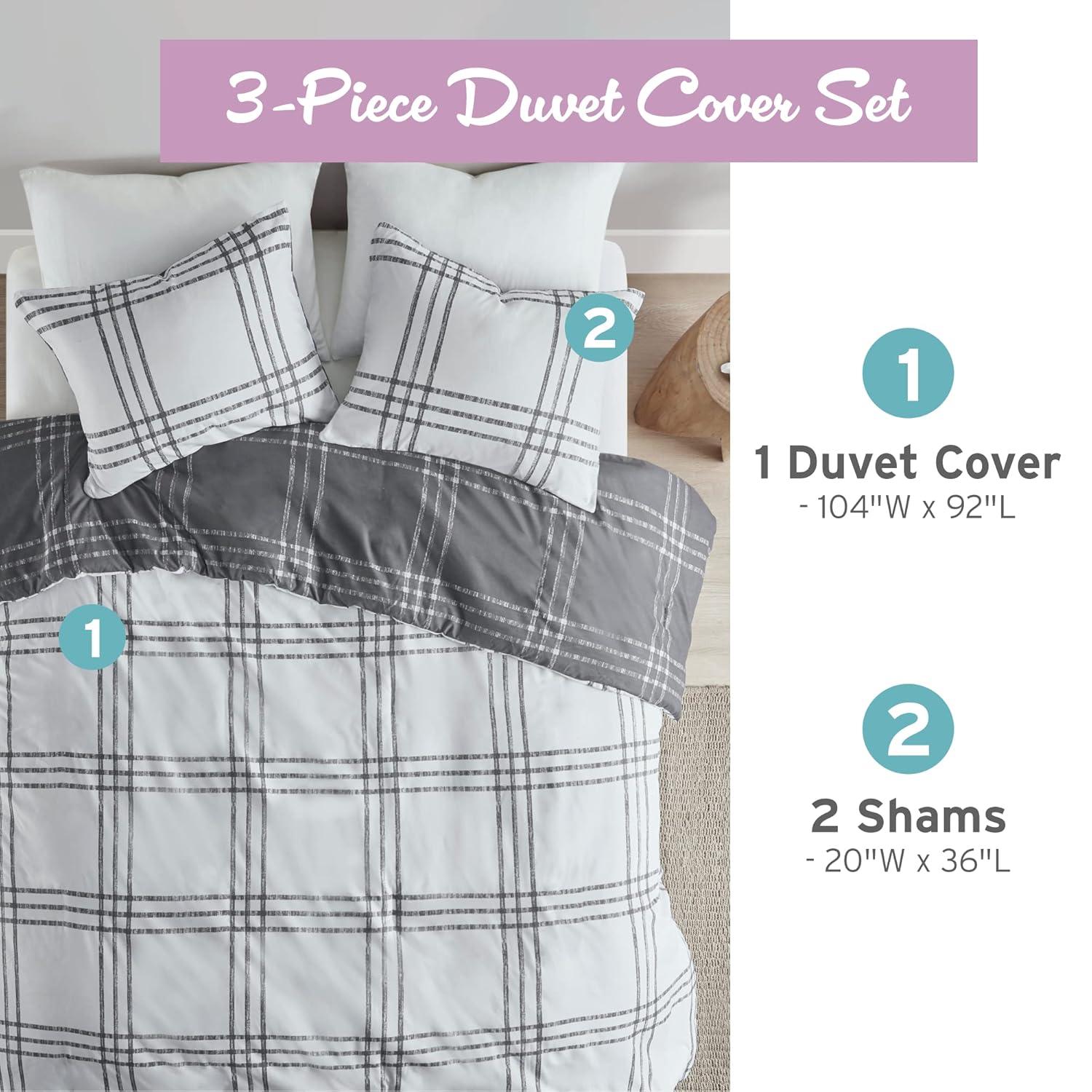 King Gray Microfiber Reversible Plaid Duvet Cover Set