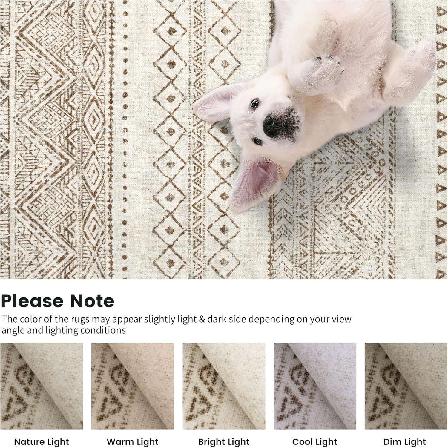 FairOnly 9'x12' Brown White Area Rugs Machine Washable Vintage Rugs for Bathroom Geometric Moroccan Ultra-Thin Area Rugs for Family Room Living Room Carpet