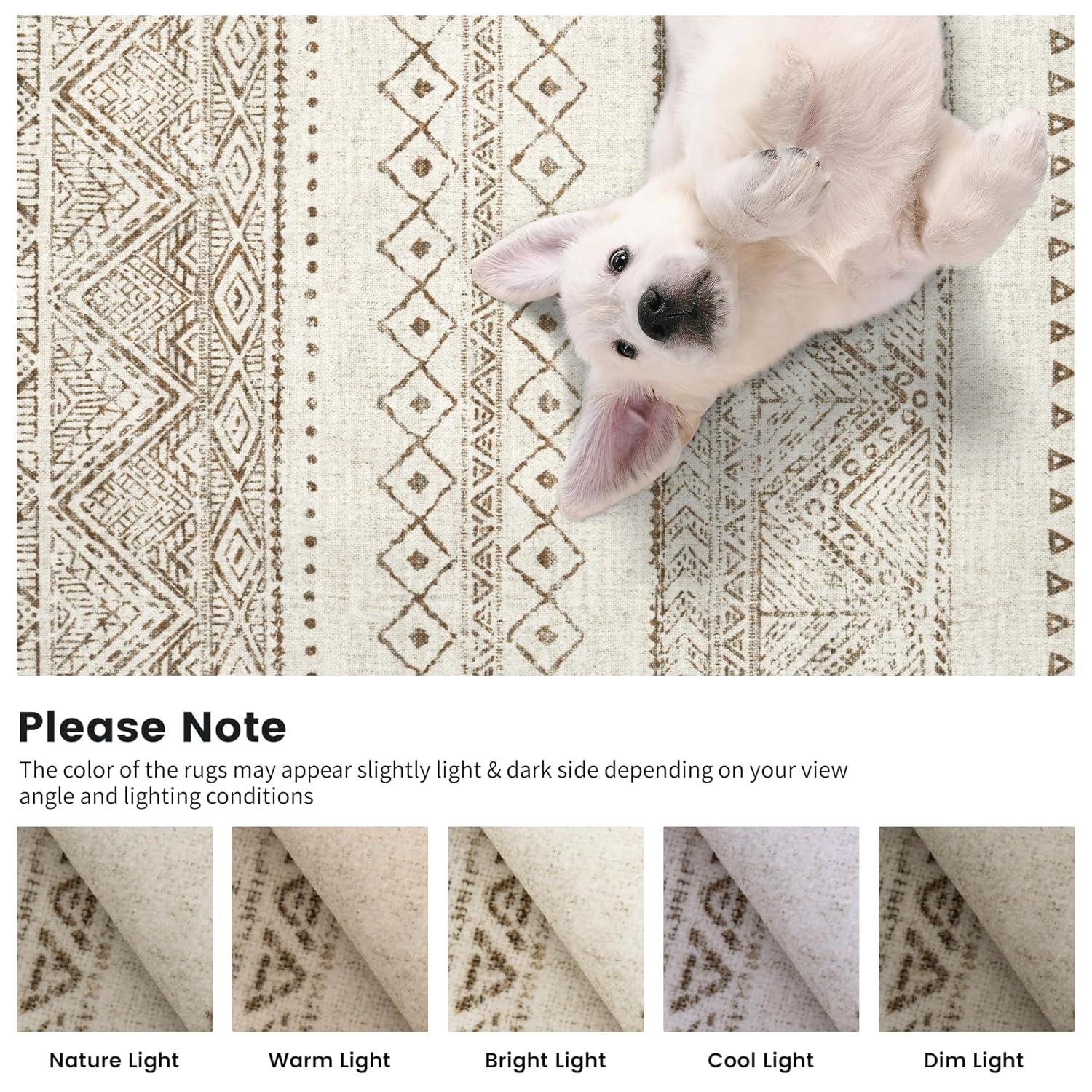 FairOnly 9'x12' Brown White Area Rugs Machine Washable Vintage Rugs for Bathroom Geometric Moroccan Ultra-Thin Area Rugs for Family Room Living Room Carpet