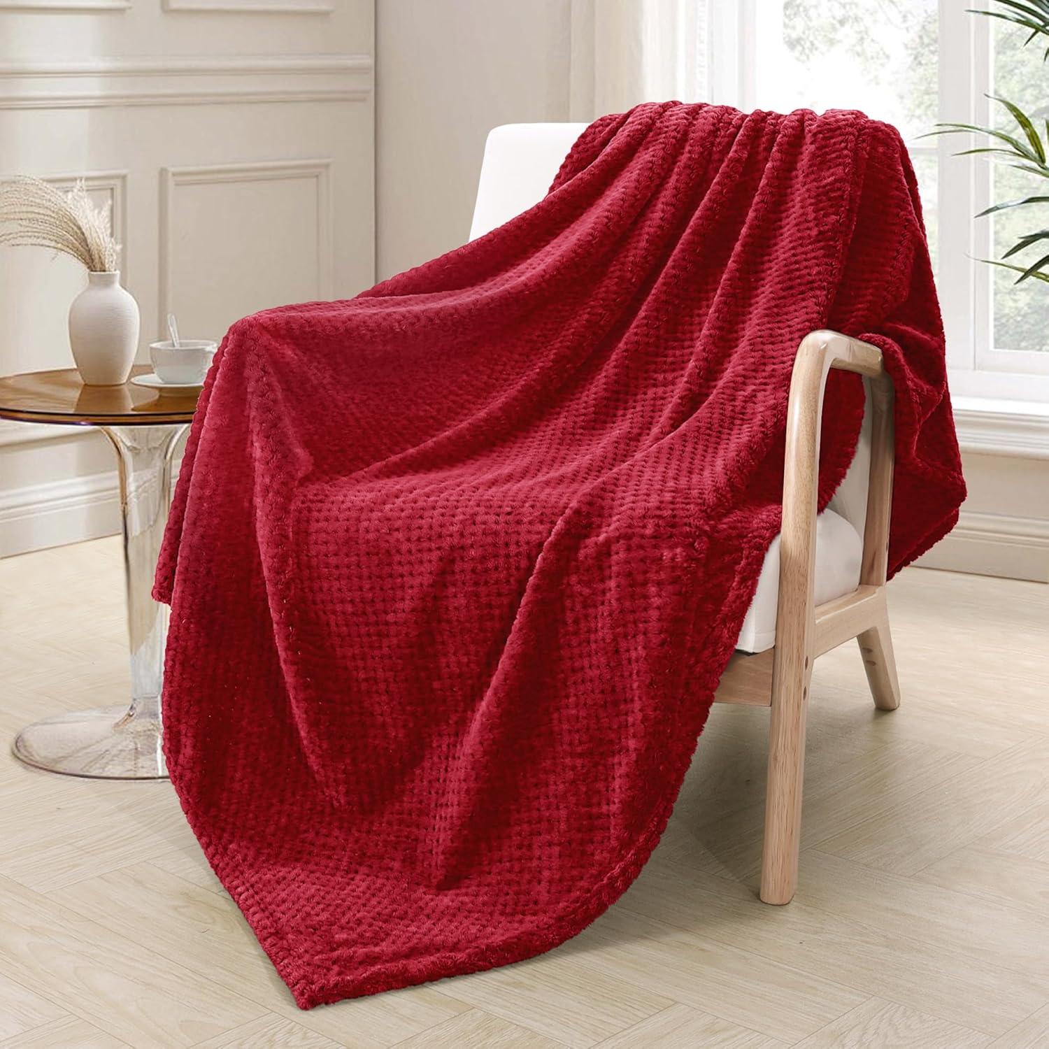 Exclusivo Mezcla Waffle Textured Extra Large Fleece Blanket, Super Soft and Warm Throw Blanket for Couch, Sofa and Bed (Burgundy, 50"x70")-Cozy, Fuzzy and Lightweight