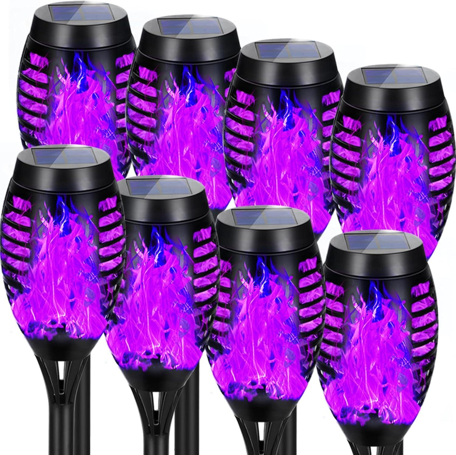 8Pack Halloween Decorations Outdoor, Halloween Solar Lights with Purple Flame for Halloween Decor, Waterproof Halloween Lights Outdoor, Solar Pathway Lights for Lawn Outside Halloween Yard Decorations