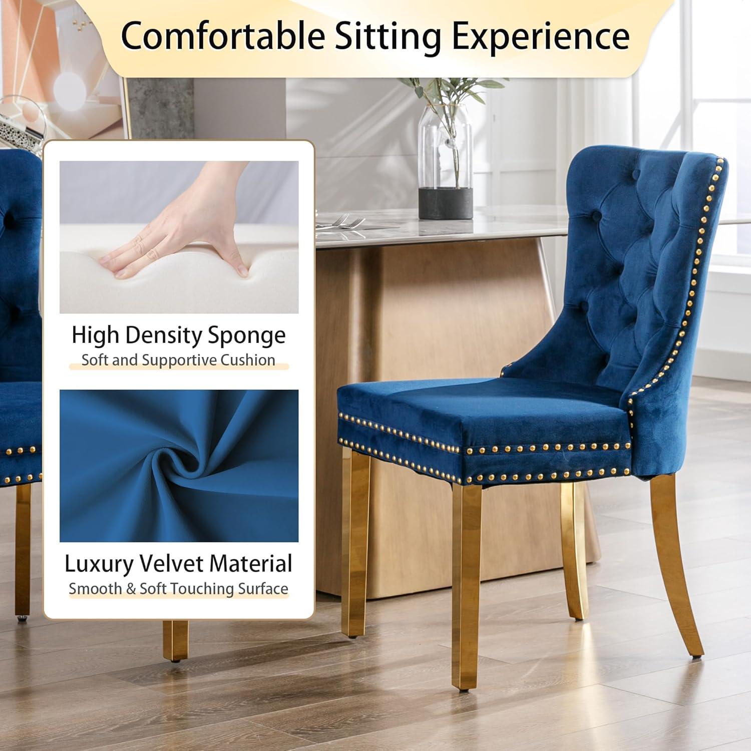 ODUSE-DAILY Velvet Dining Chairs Set of 4, Navy Kitchen & Dining Room Chairs, Tufted Dining Chairs, Fabric Upholstered, Solid Wood, Sillas De Comedor (Blue, 4 Pcs)