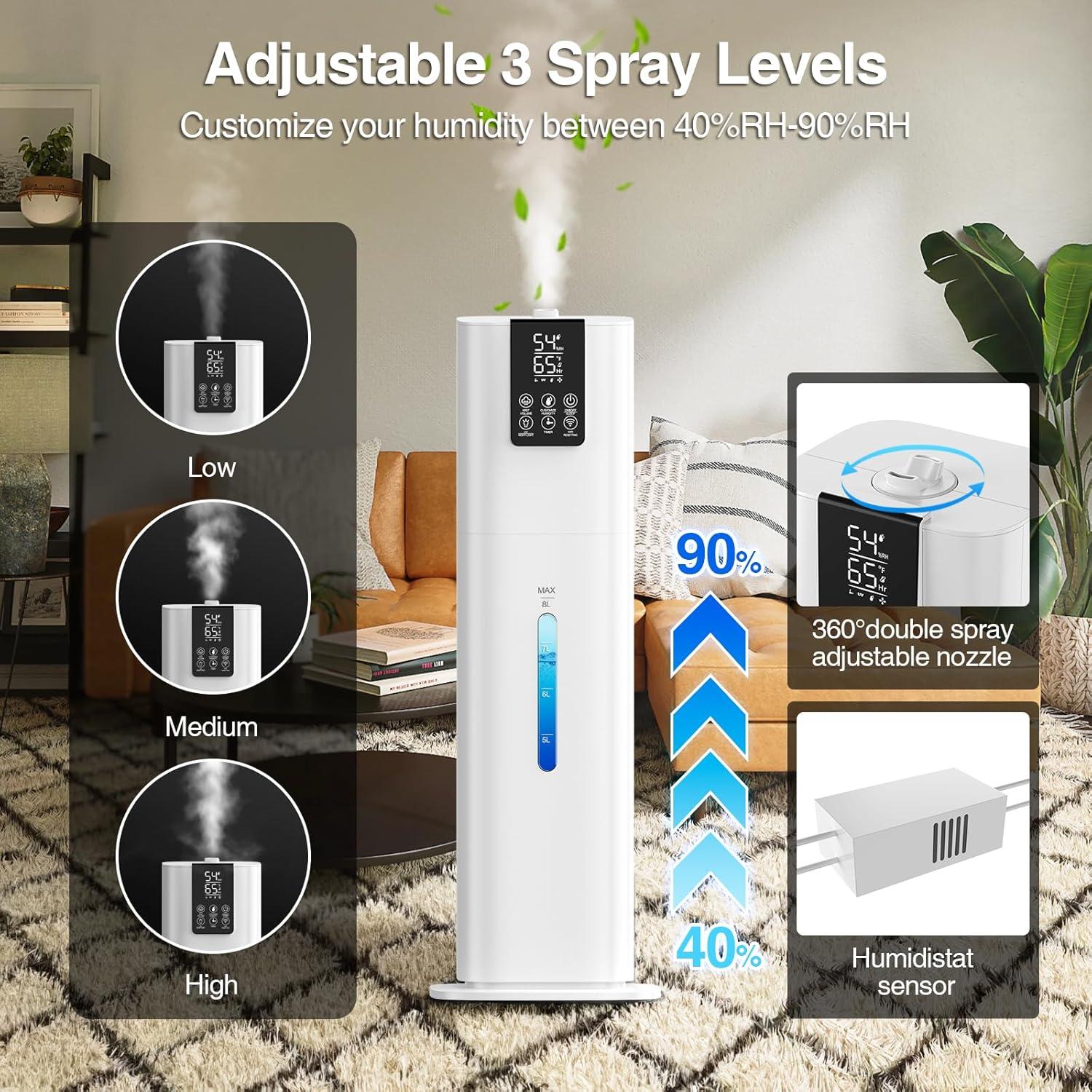Smart Humidifiers Large Room Bedroom Home,2.11Gal(8L) Quiet Top Fill Cool Mist Humidifier,Smart App & Remote Control, 3 Speed Humidifier with 360°Nozzle,Humidity Setting for Baby Office Plant(White)