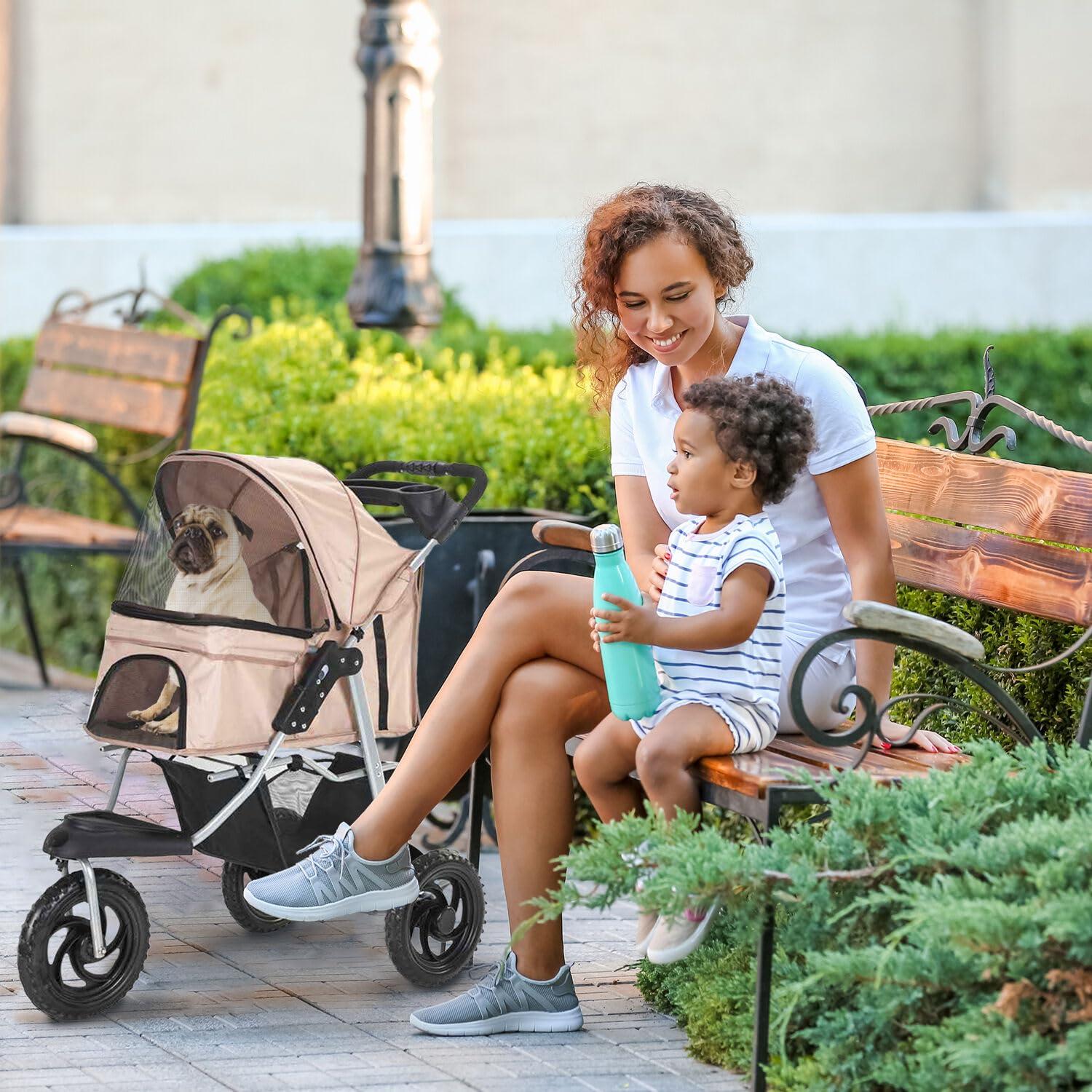 Critter Sitters Pet Stroller with Storage Basket Single Carriage Carrier for Animals up to 55 lbs, Tan