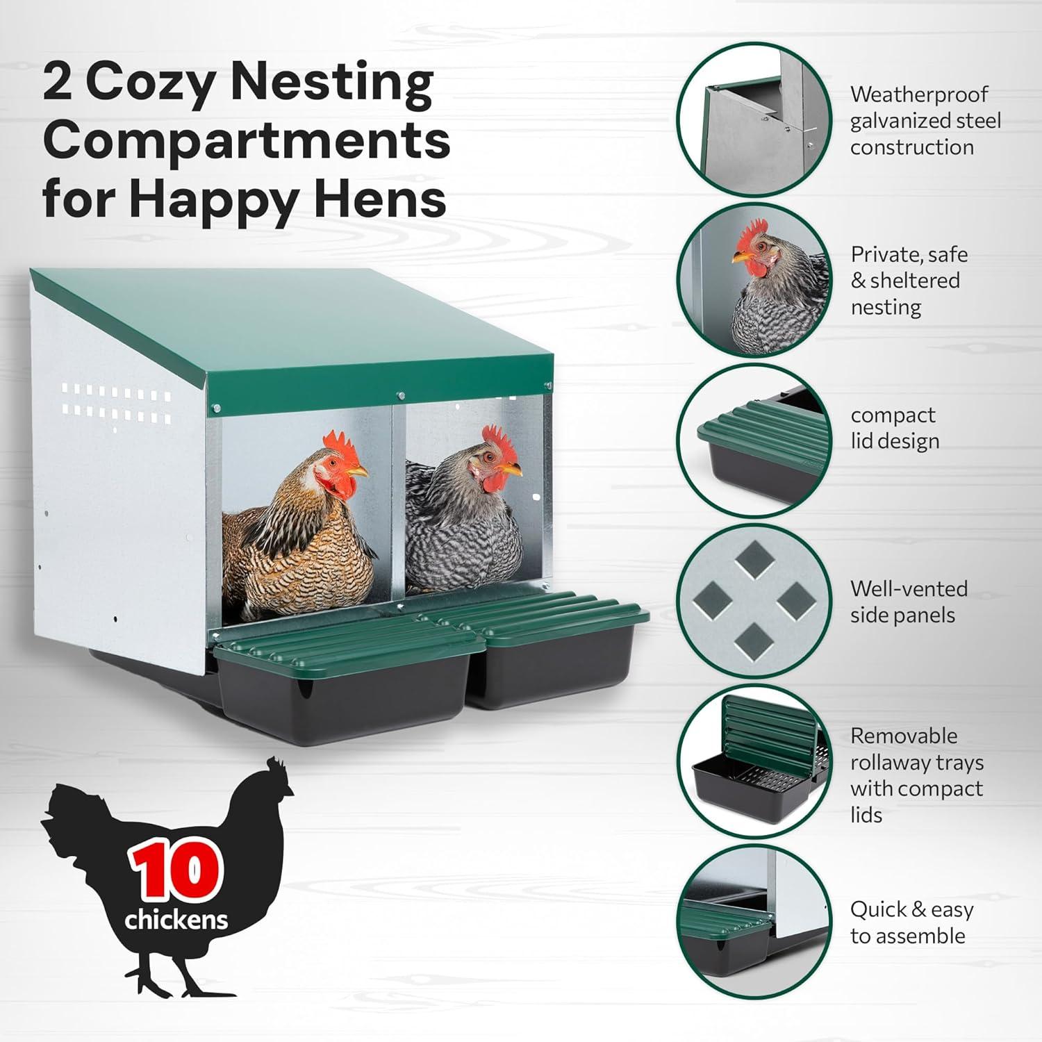 Compact Style 3 Compartment, Forward Rollout & Rollaway, Hen & Chicken Nesting Box with Protective Egg Laying Collection Lids