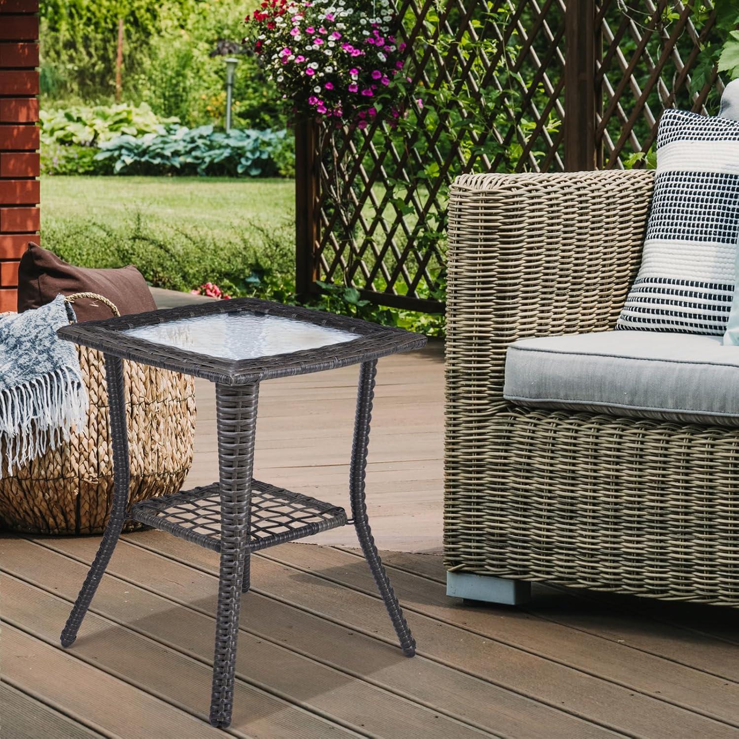 Gray Wicker Outdoor End Table with Glass Top and Storage Shelf