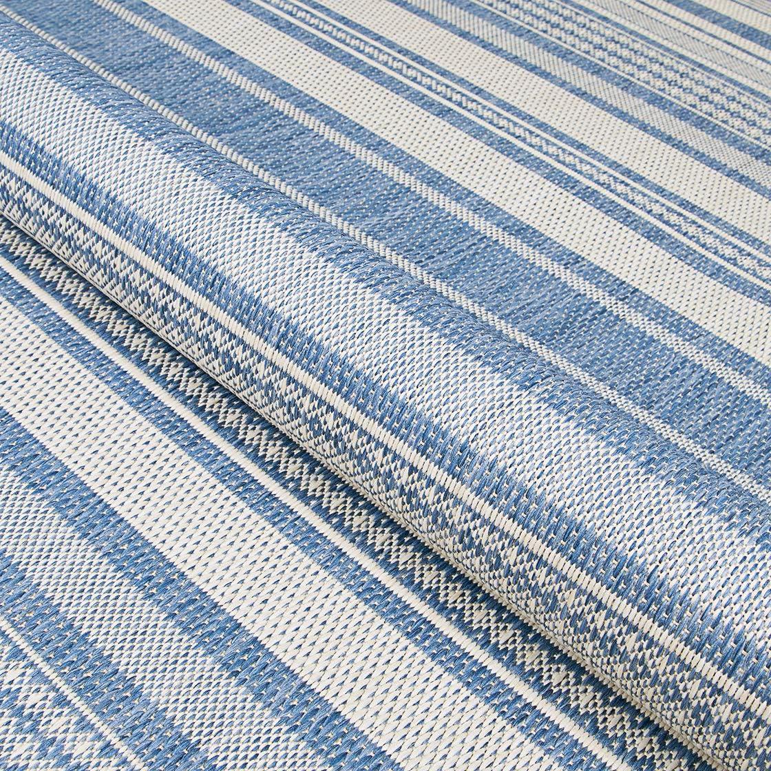 Champagne and Blue Striped 5' x 7' Flat Woven Area Rug