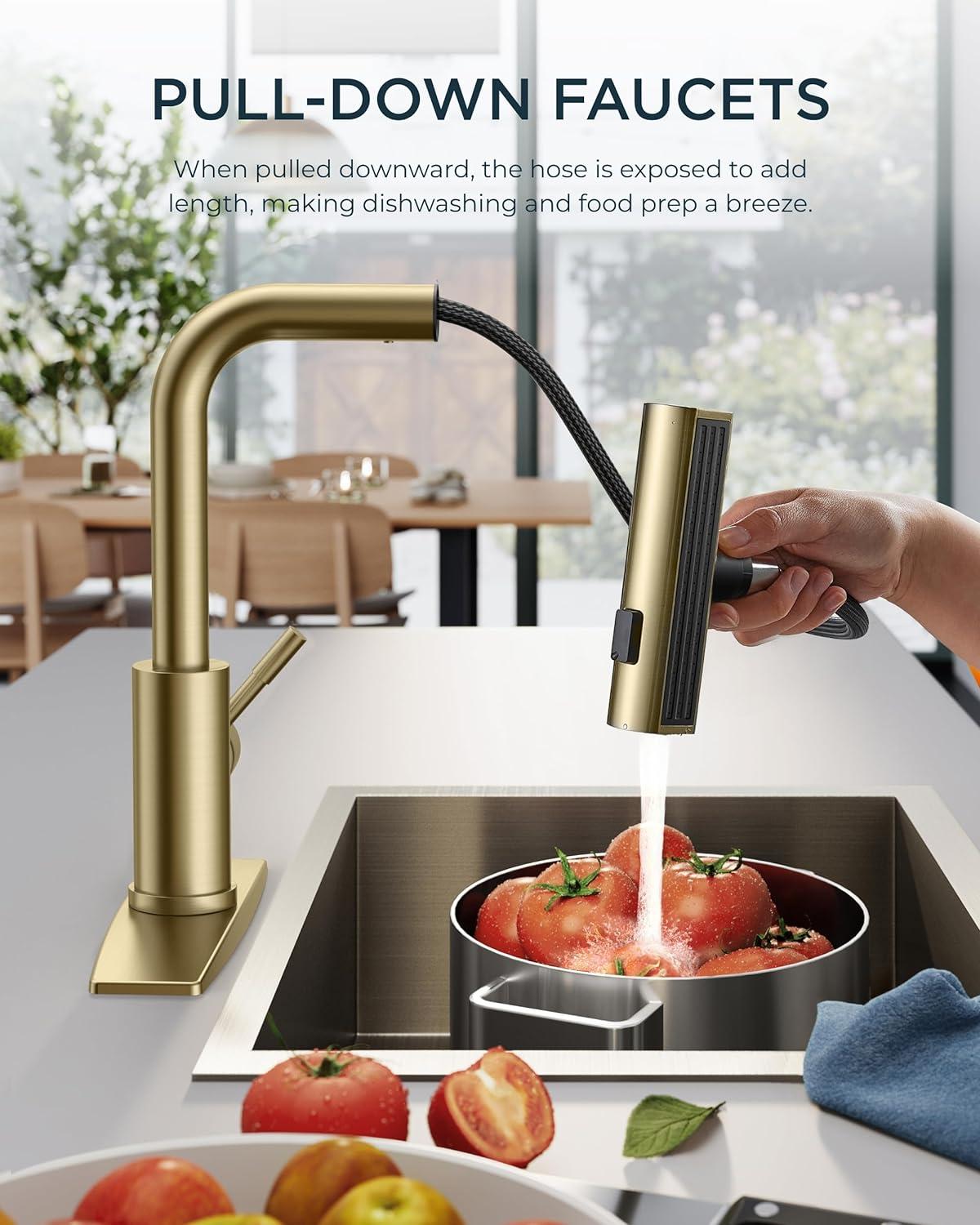 Kitchen Faucets with Pull Down Sprayer, Brushed Gold Waterfall Kitchen Sink Faucet with Soap Dispenser, Single Hole Stainless Steel Kitchen Faucet, Modern Single Handle Pull Out Kitchen Faucet