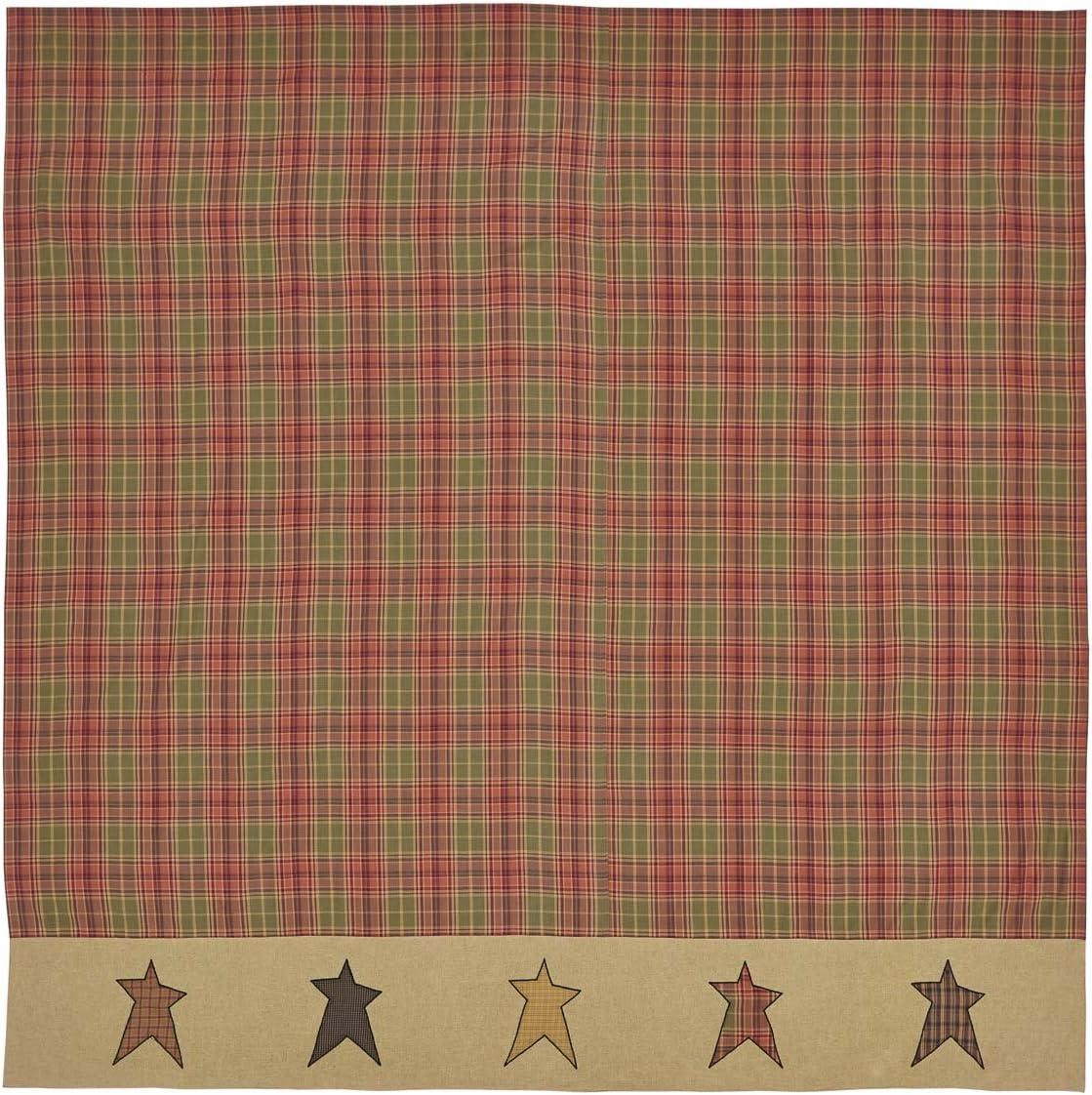 VHC Brands Stratton Primitive 72"x72" Stars Border Shower Curtain Red Rod Pocket Appliqued Cotton Button Holes for Hooks Square Bath Decor