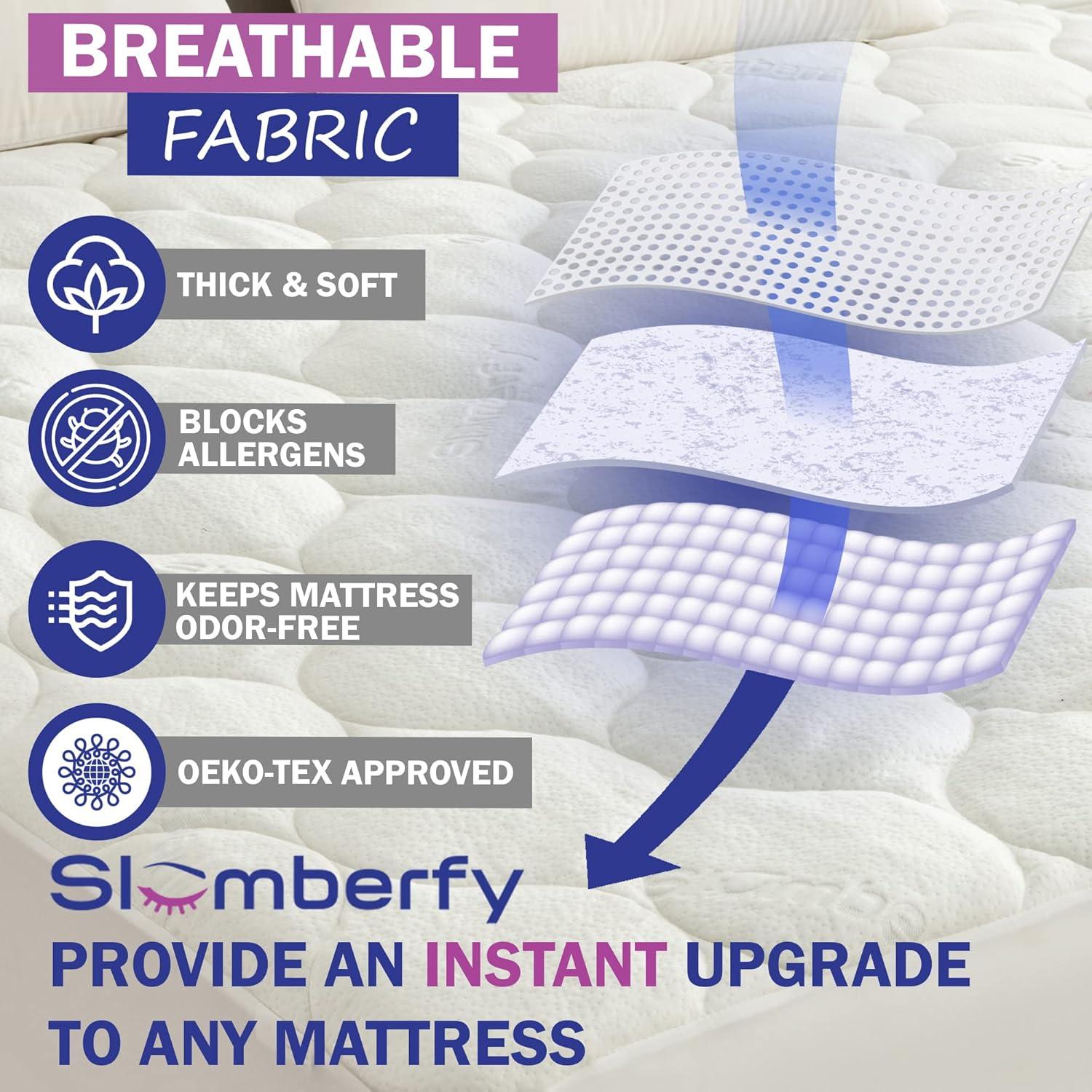 Cal King Size Waterproof Premium Mattress Pad by Slumberfy, Skin-Safe Mattress Pad with Bamboo Topper, All Natural & Breathable Fabric, Quilted, Fitted Bed Cover, Cooling Mattress Topper – 60x80 in.