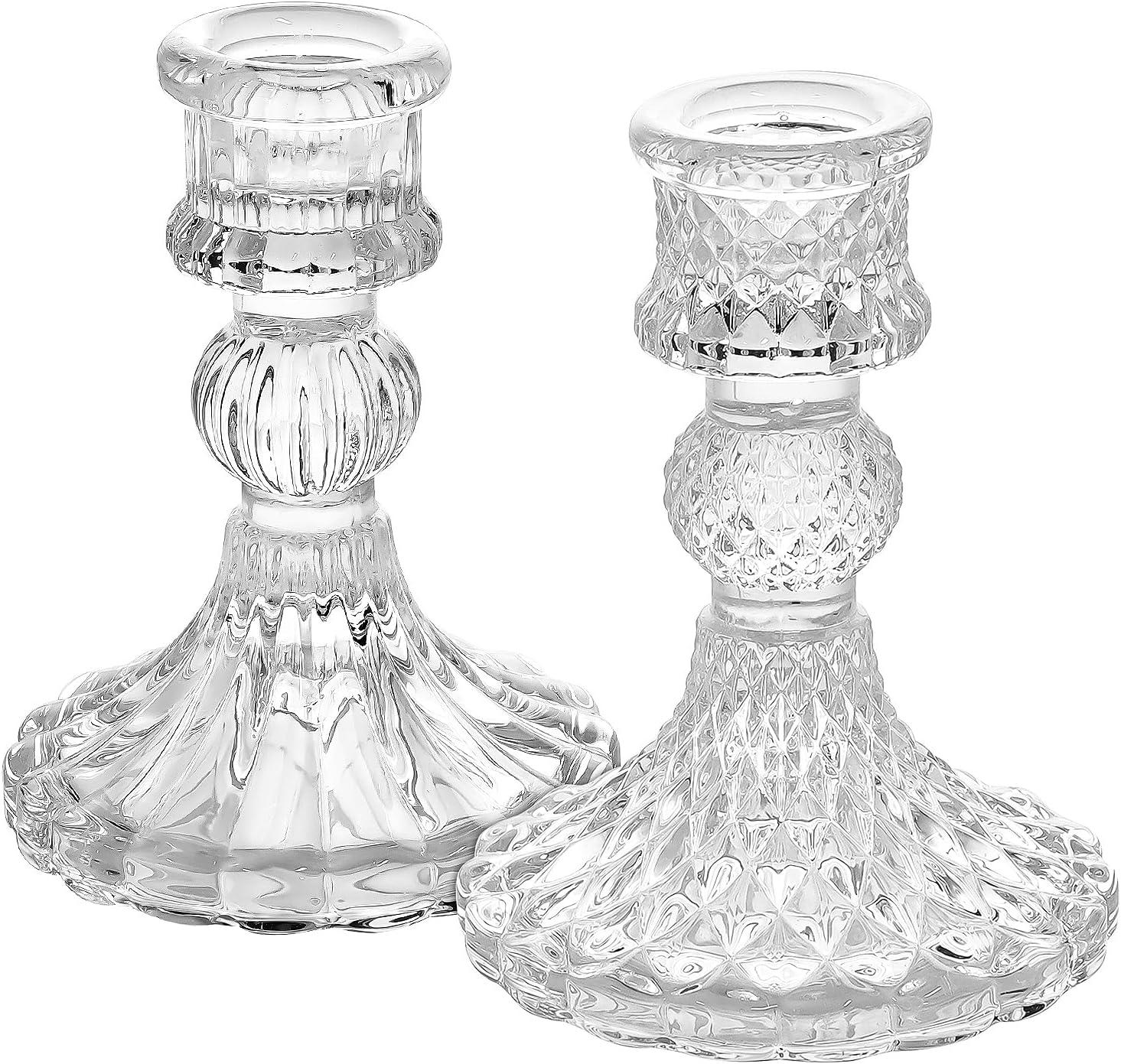 Clear Glass Embossed Taper Candle Holders Set