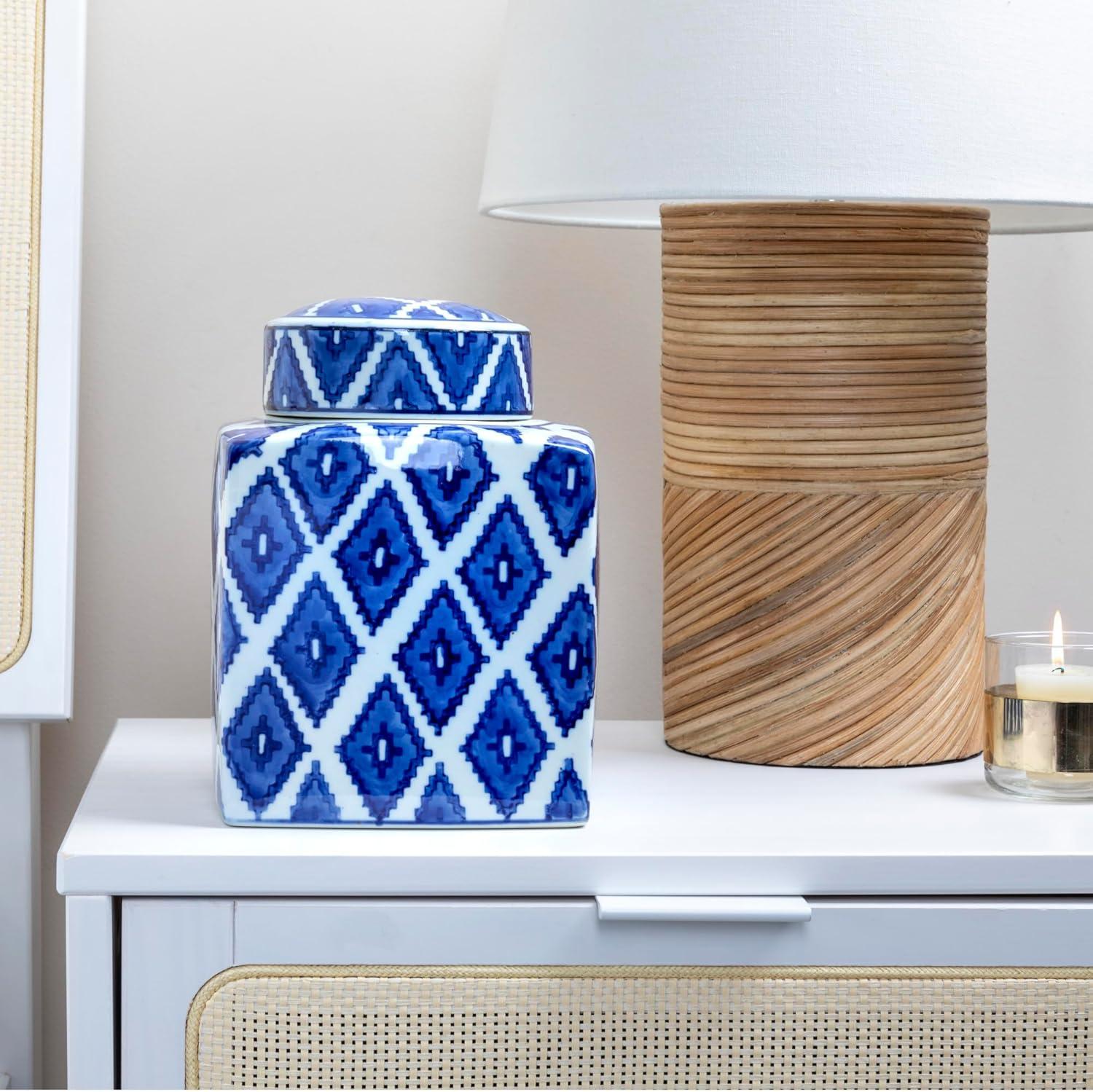 Creative Co-Op Decorative Diamond Square Ceramic Ginger Jar with Lid, Blue and White