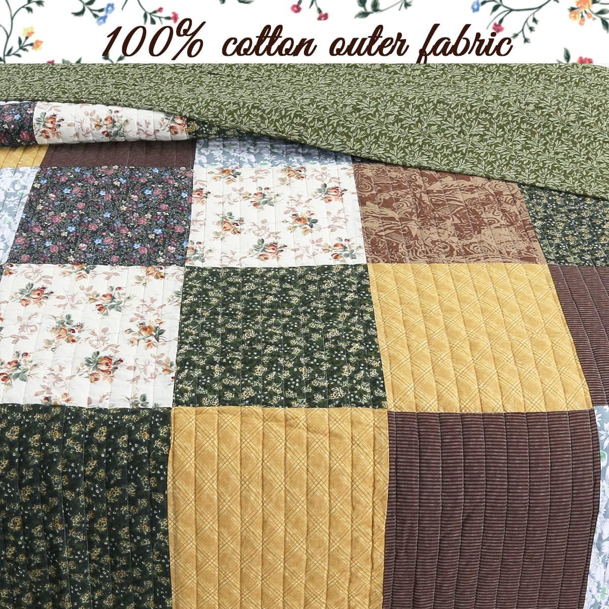 King Size Brown and Green Cotton Patchwork Quilt Set