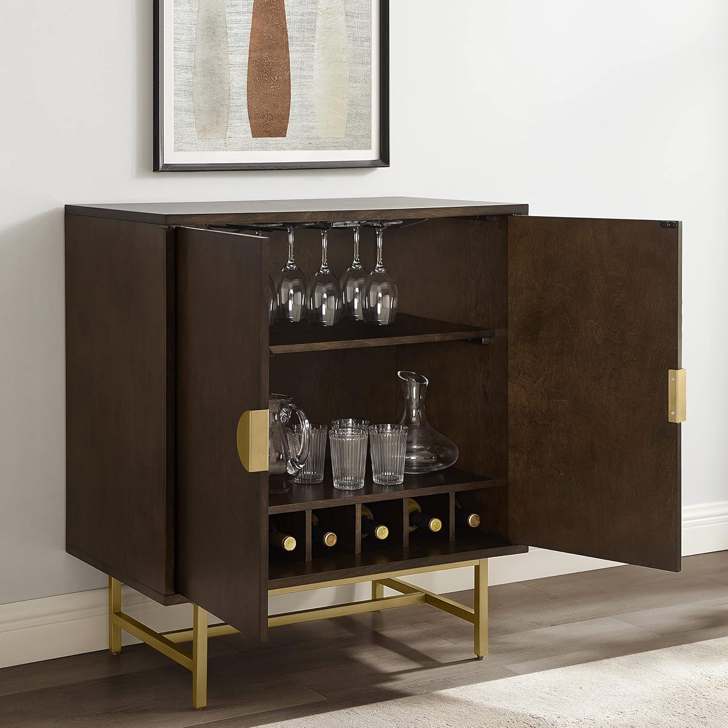 Blair Contemporary Dark Brown and Gold Bar Cabinet with Wine Storage