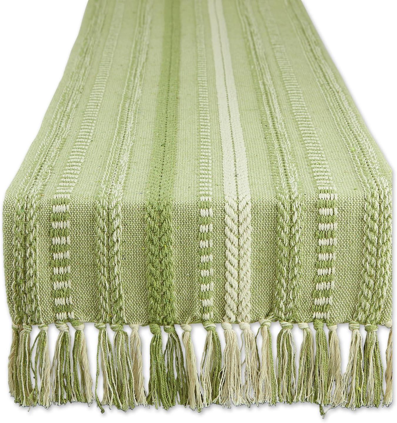 Green and White Cotton Braided Stripe Table Runner with Fringe