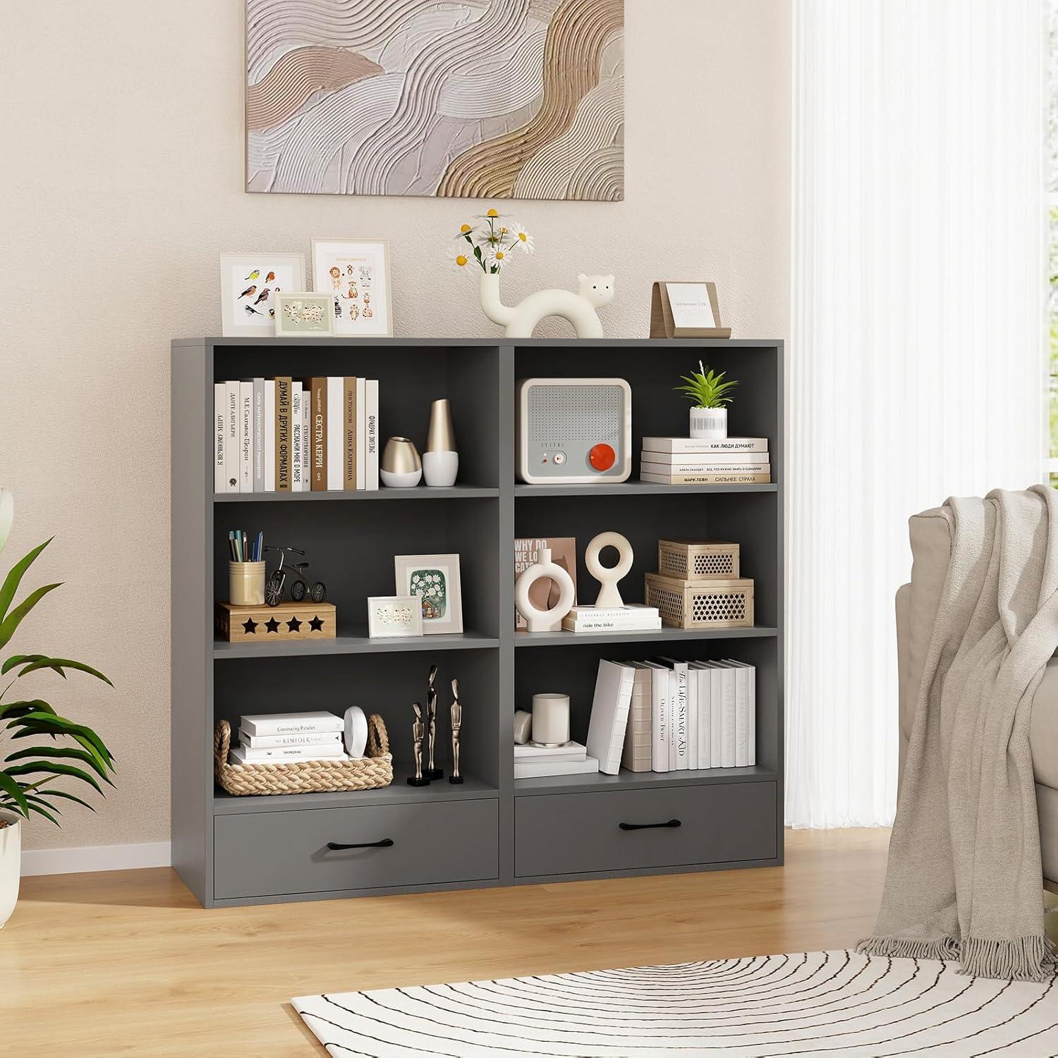 Resenkos Bookshelf,Shelf, Open Bookcase Book Shelf,Storage Shelf Unit Plant Stand,48 Inch Tall 4 Tiers Wood Bookcase with Drawer-Gray