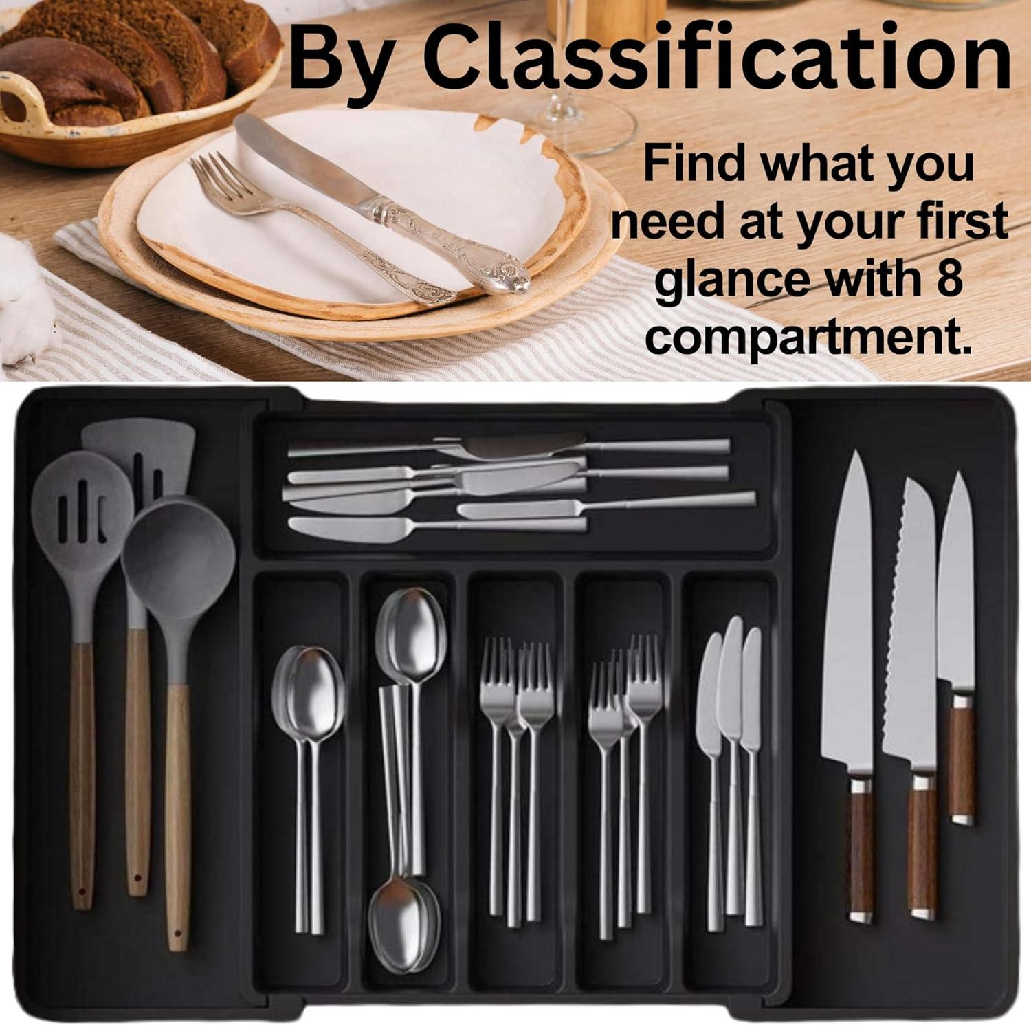 Silverware Drawer Organizer,  Black Expandable Utensil Tray for Kitchen, BPA Free Flatware and Cutlery Holder, Adjustable Plastic Storage for Spoons Forks Knives, Large