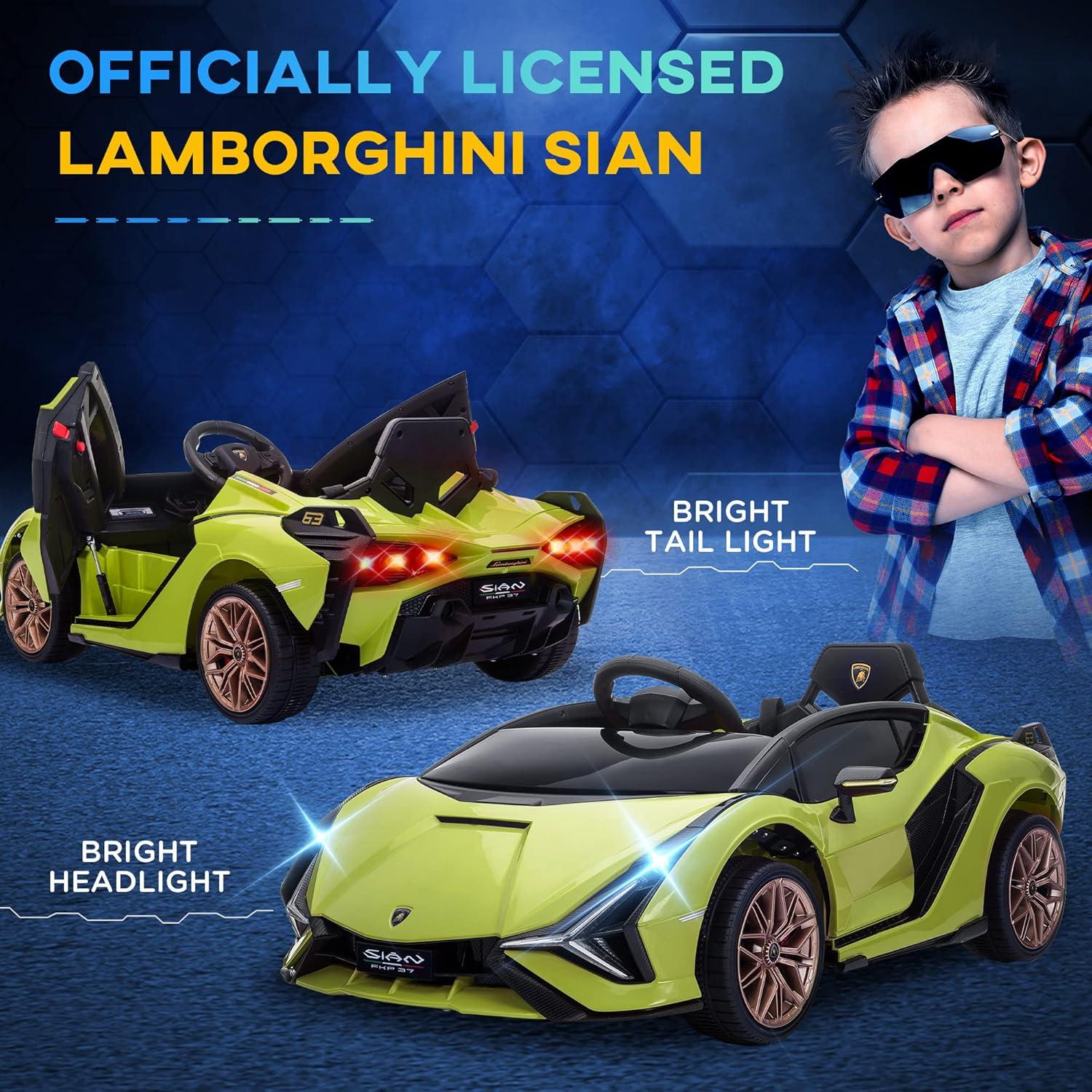 Aosom 12V Ride on Car, Lamborghini SIAN Licensed Battery Powered Electric Car for Kids with Remote Control, Horn, Music, & Headlights, Green